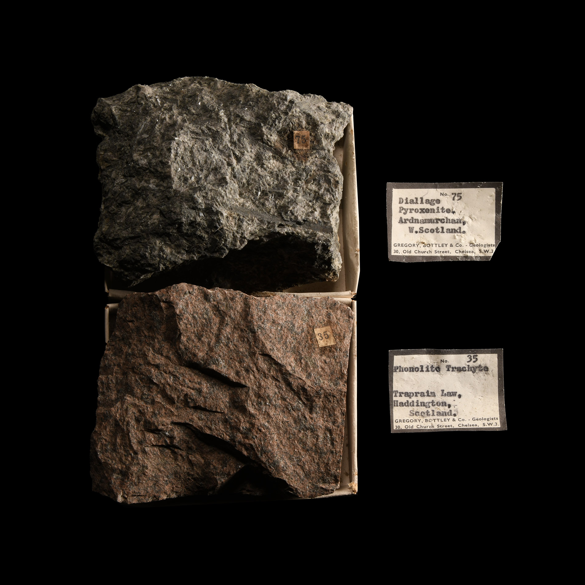 Natural History - Historic Boxed Diallage Pyroxenite and Phonolite Trachyte Mineral Samples From Ardnamurchan and Traprain Law, Haddington [2]
