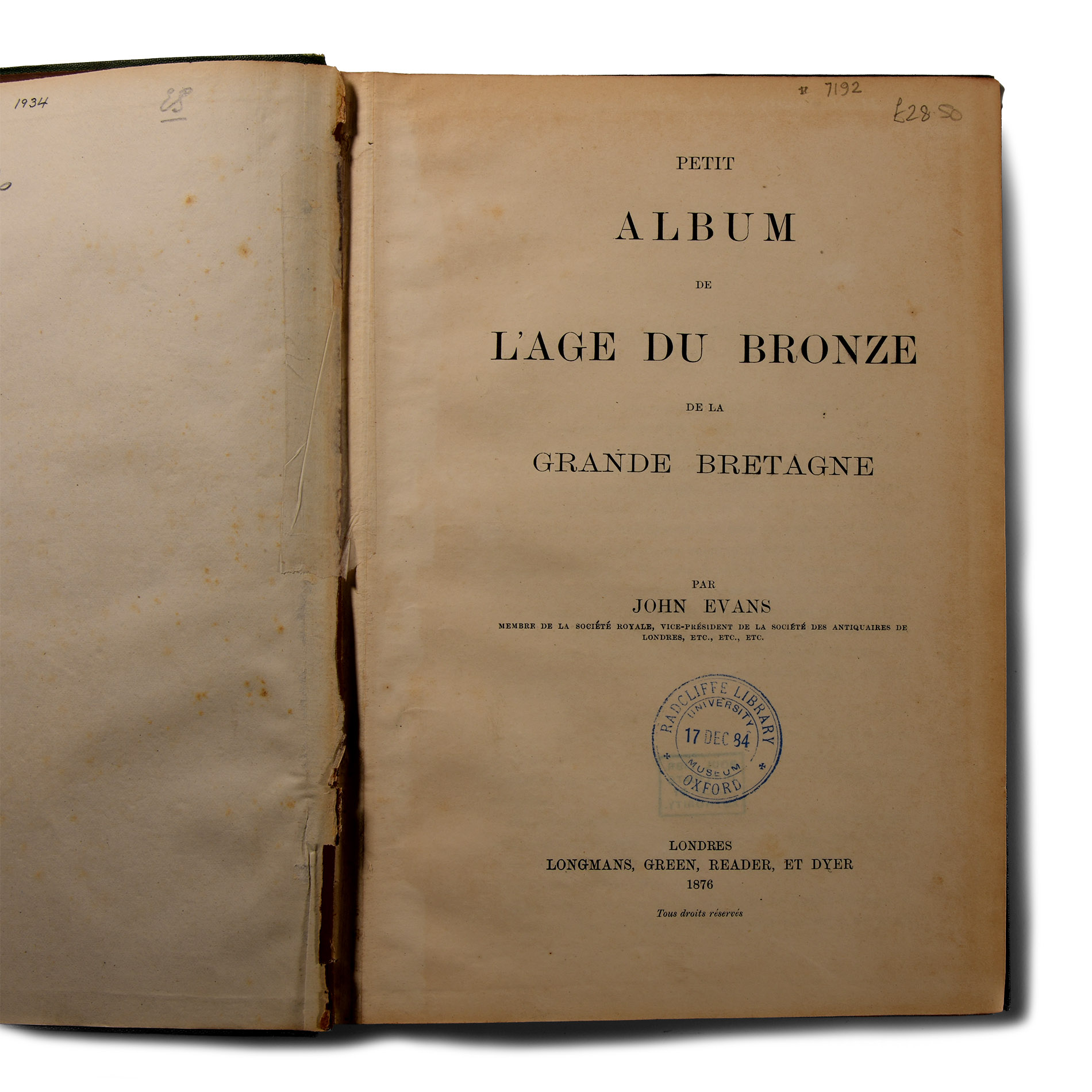 Archaeological Books - Evans - Petit Album de L'Age du Bronze de la Grande Bretagne
