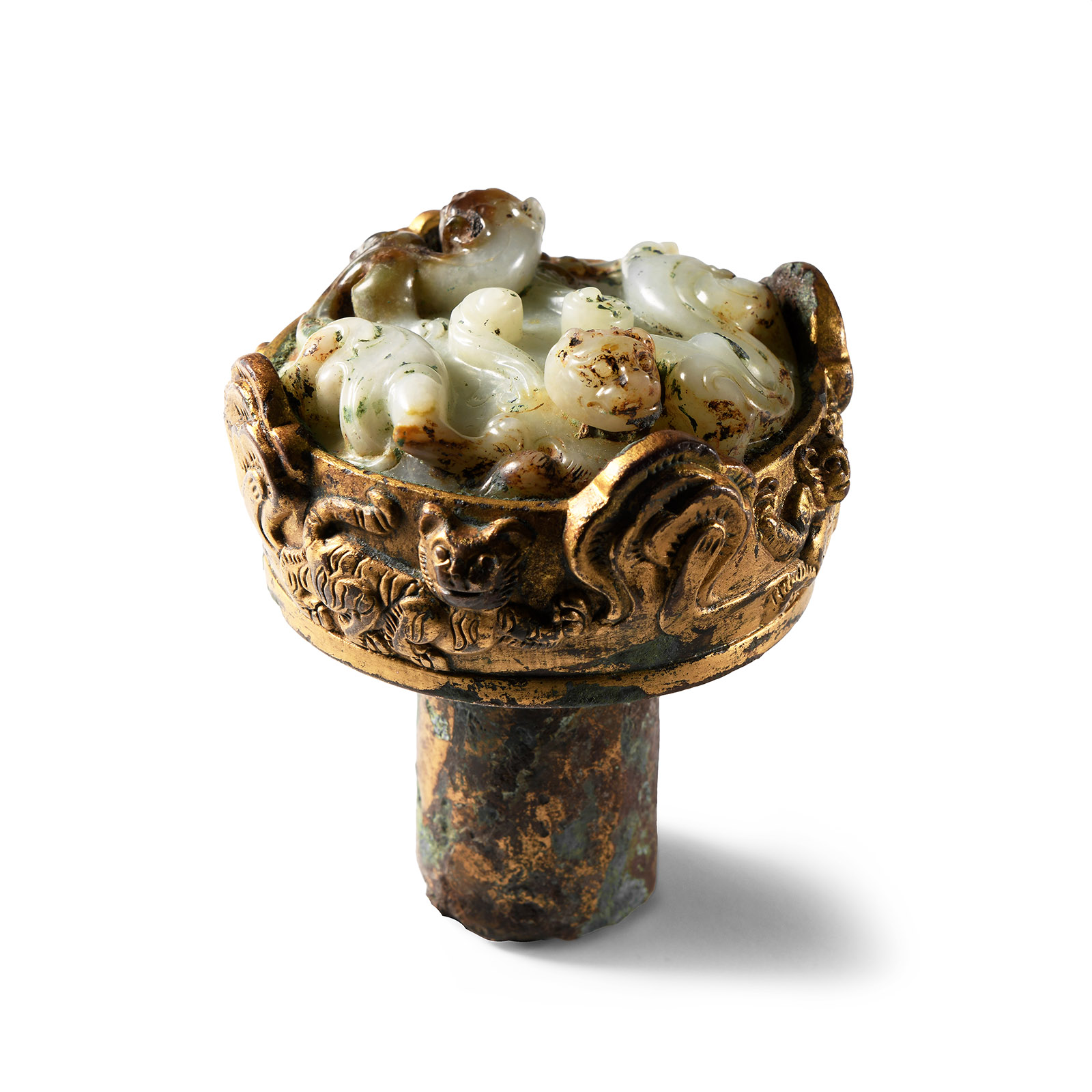 Chinese Han Gilded Bronze Sword Pommel with Jade