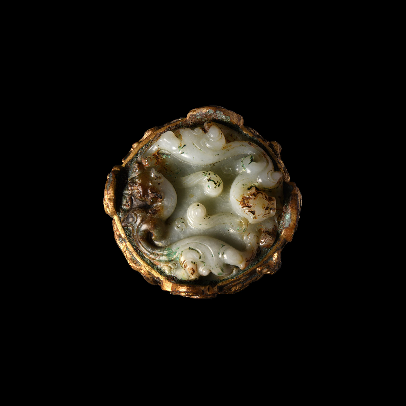 Chinese Han Gilded Bronze Sword Pommel with Jade