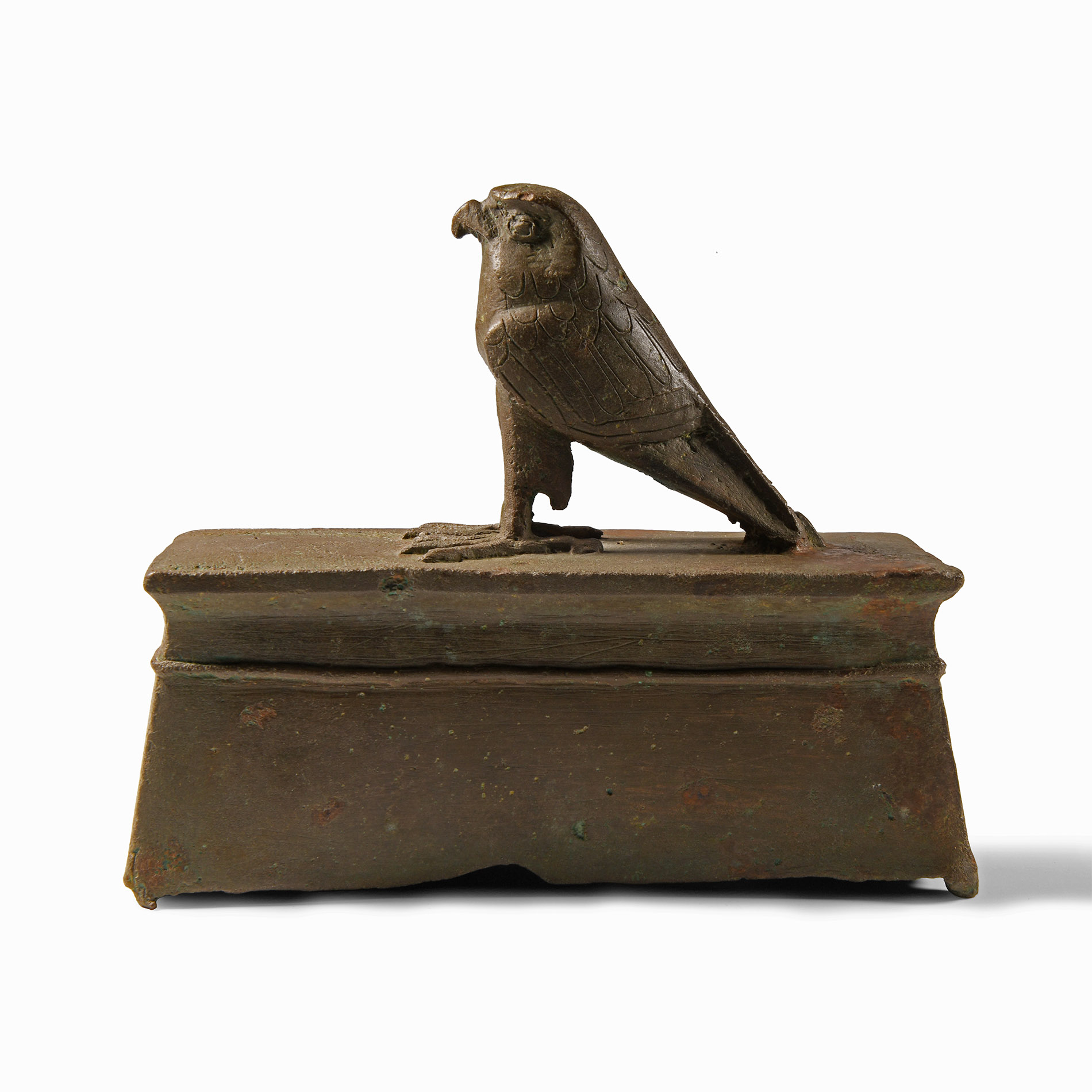 Egyptian Bronze Horus Falcon on Shrine-Shaped Base