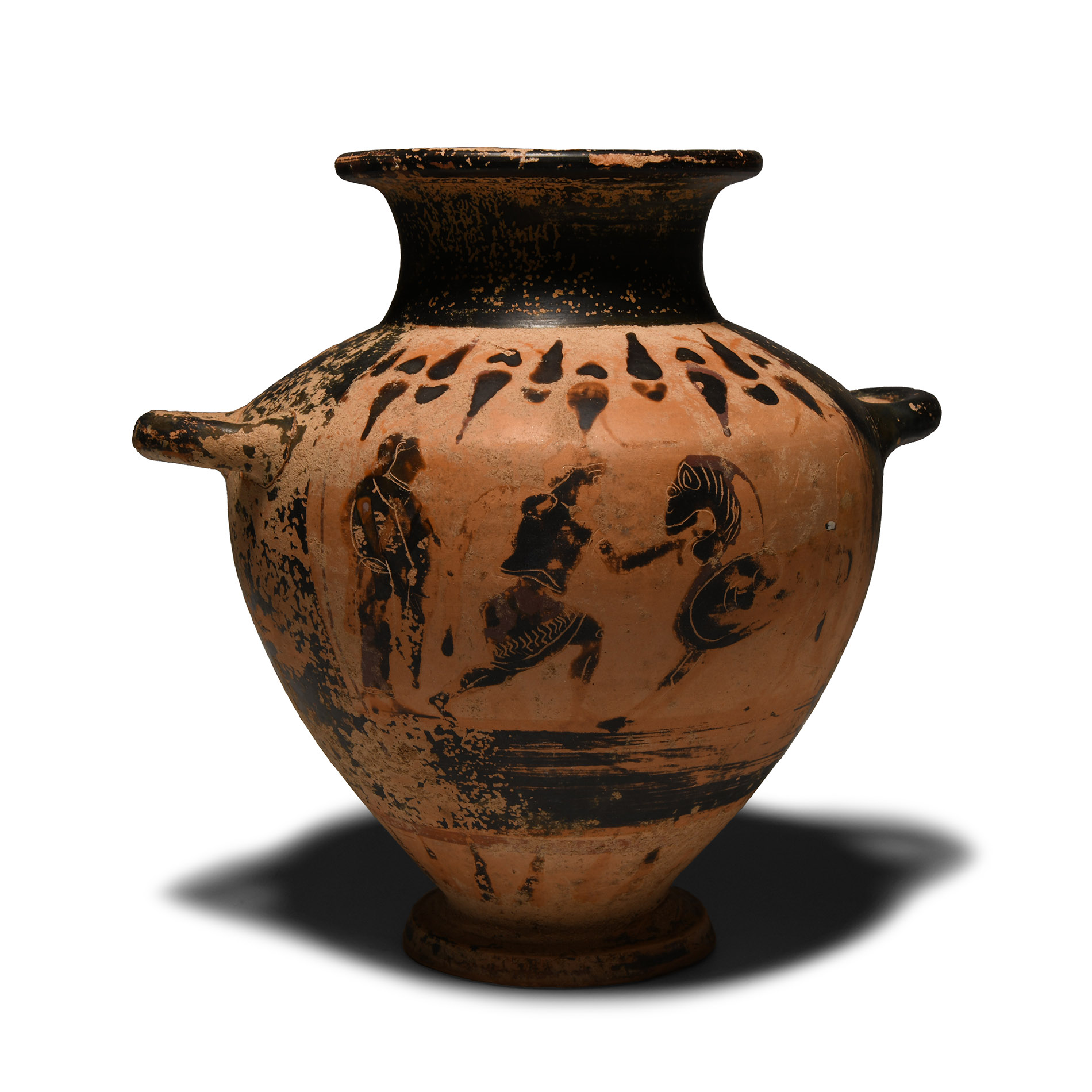 Greek Black Glazed Terracotta Hydria with Figures