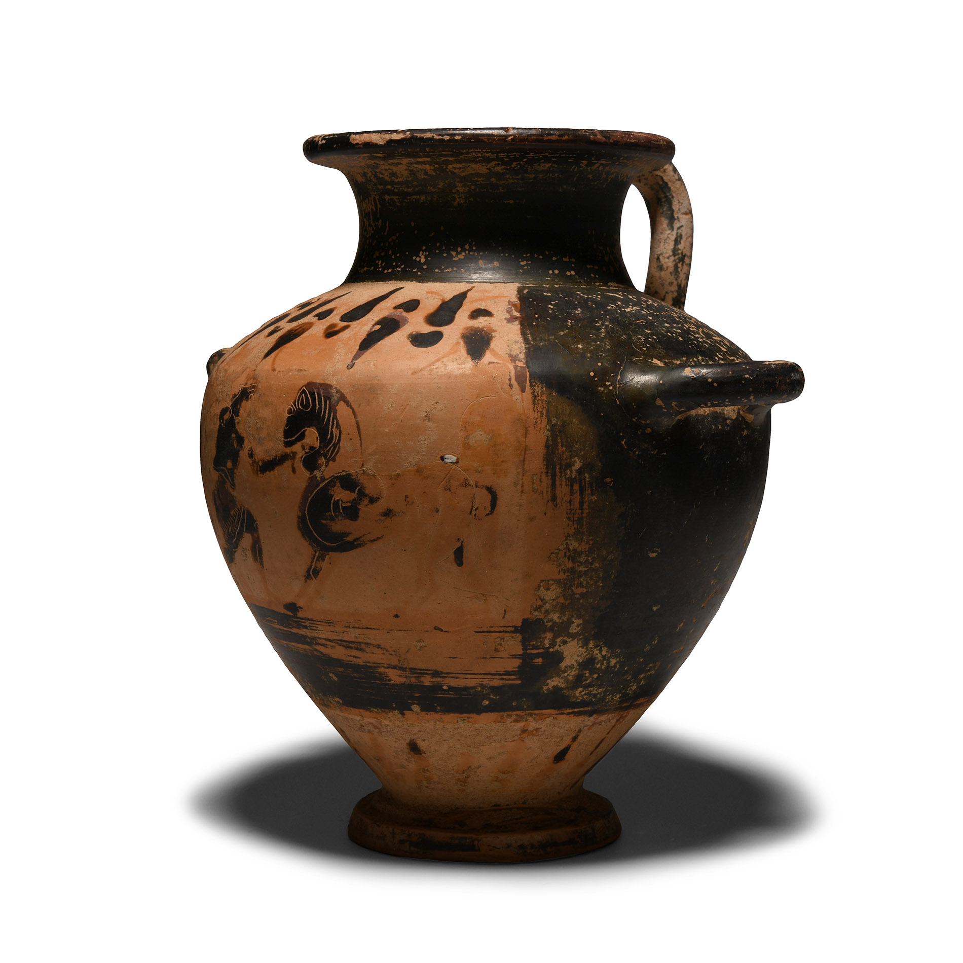 Greek Black Glazed Terracotta Hydria with Figures