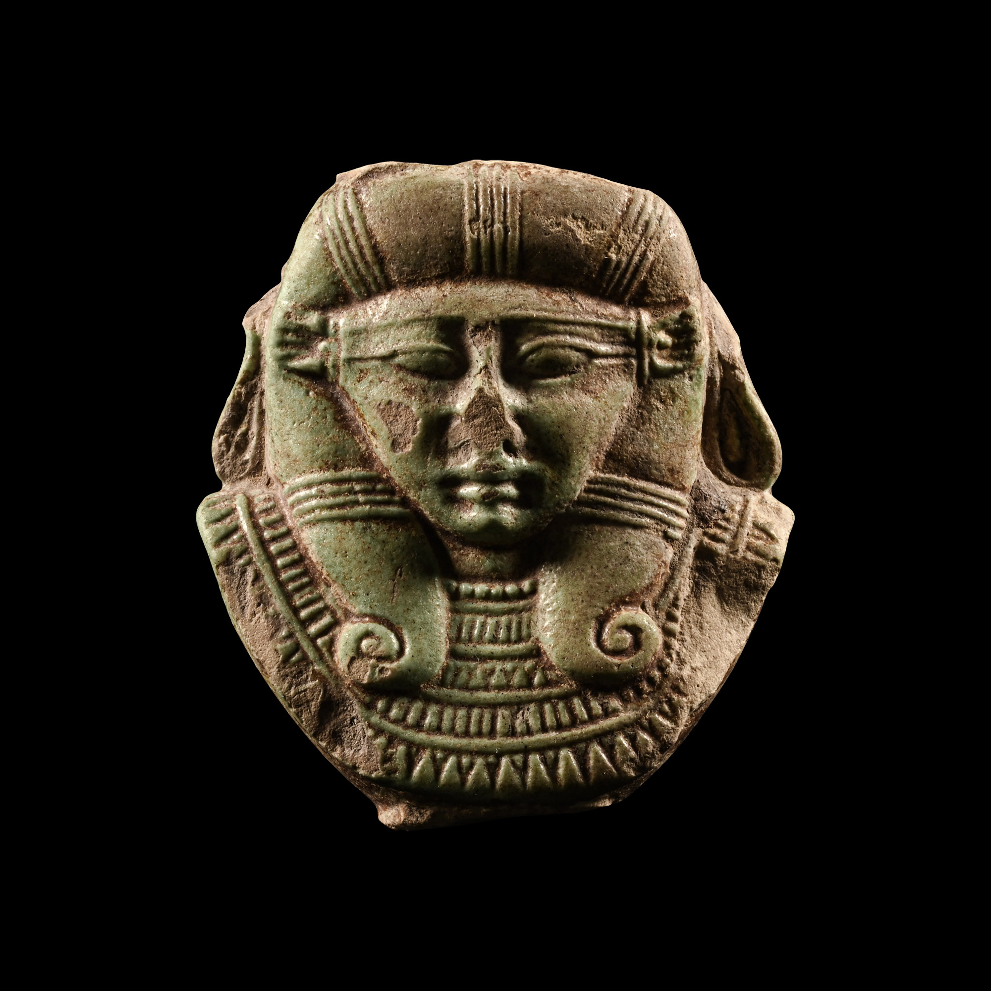 Egyptian Faience Sistrum Fragment with Hathor Head
