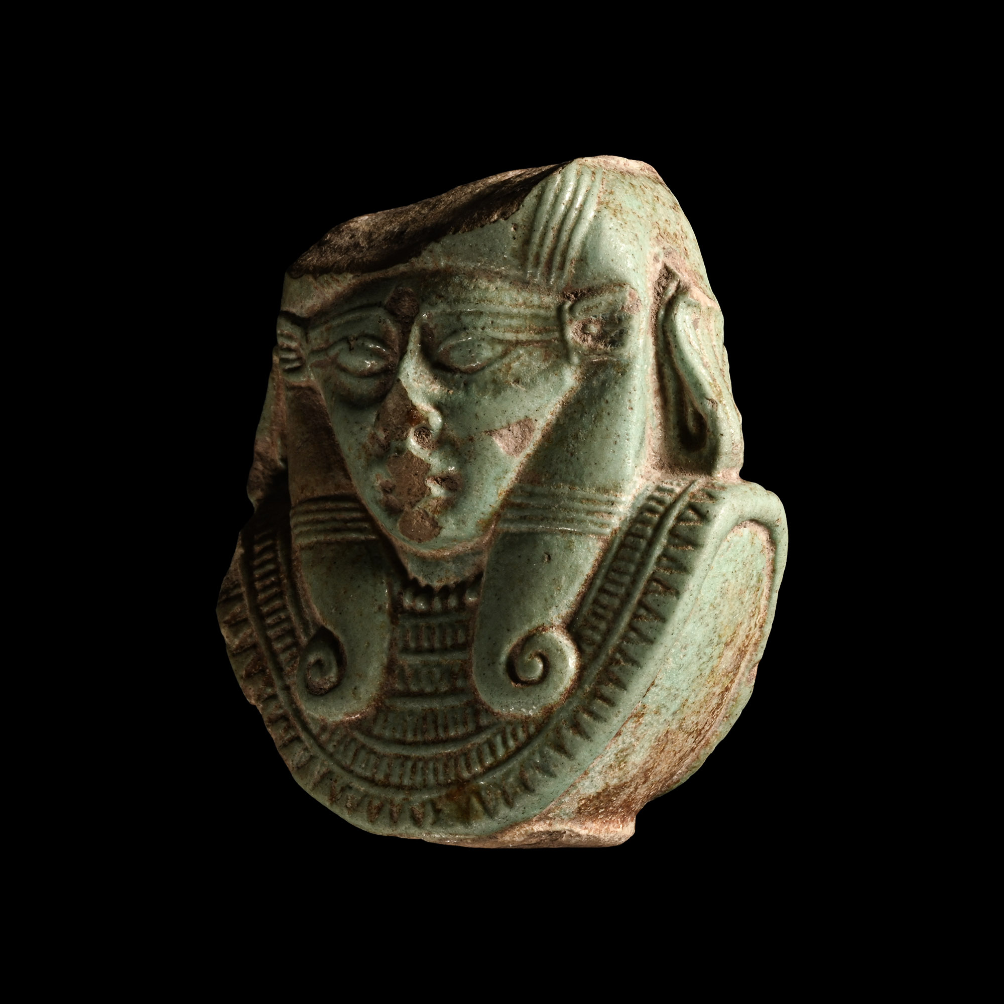 Egyptian Faience Sistrum Fragment with Hathor Head