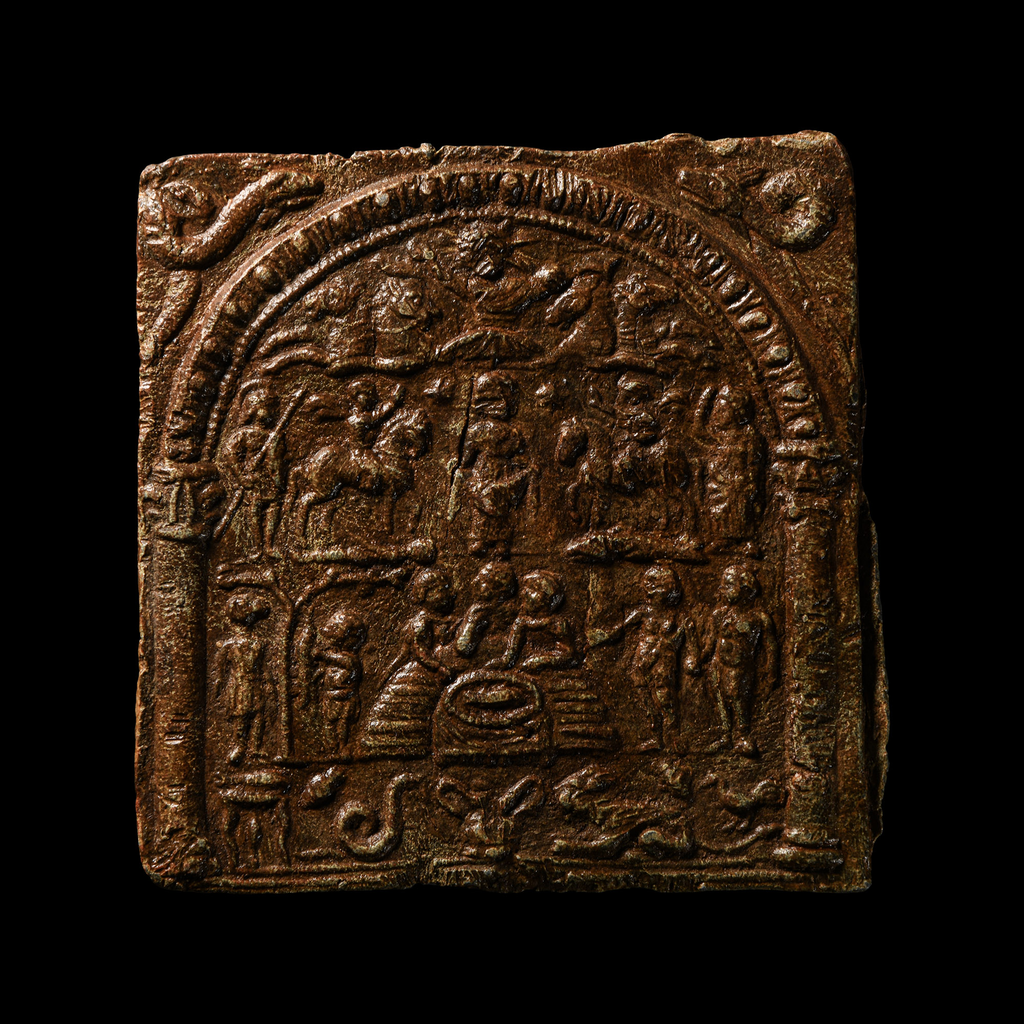 Roman Danubian Votive Lead Plaque with Dioscuri and Helen of Troy
