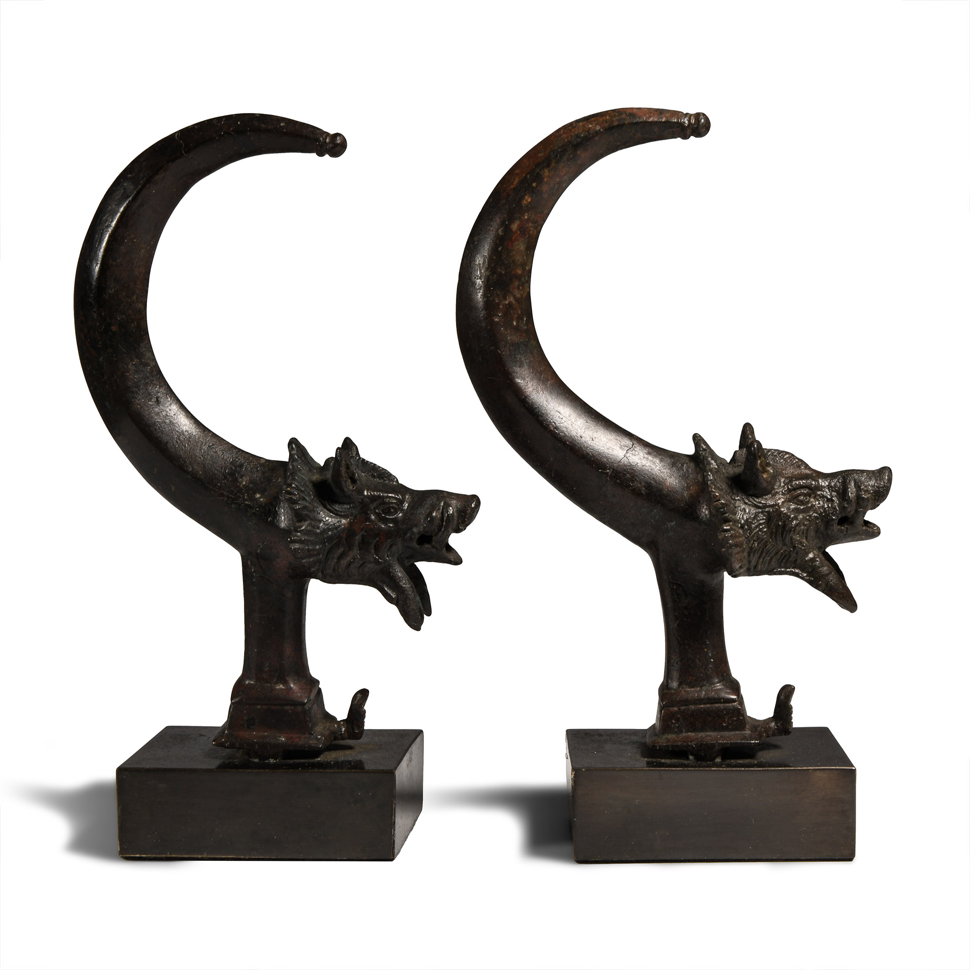 Roman Bronze Wild Boar Chariot Fitting Pair