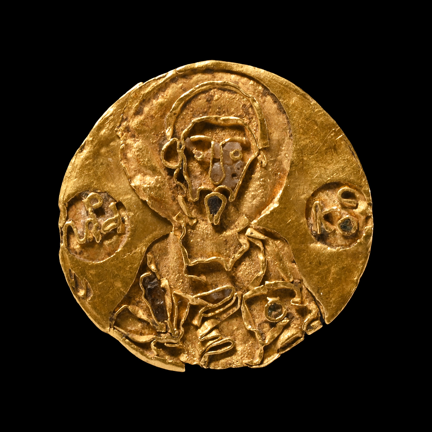 Byzantine Gold Enamel Mount of a Standing Saint and Inscription