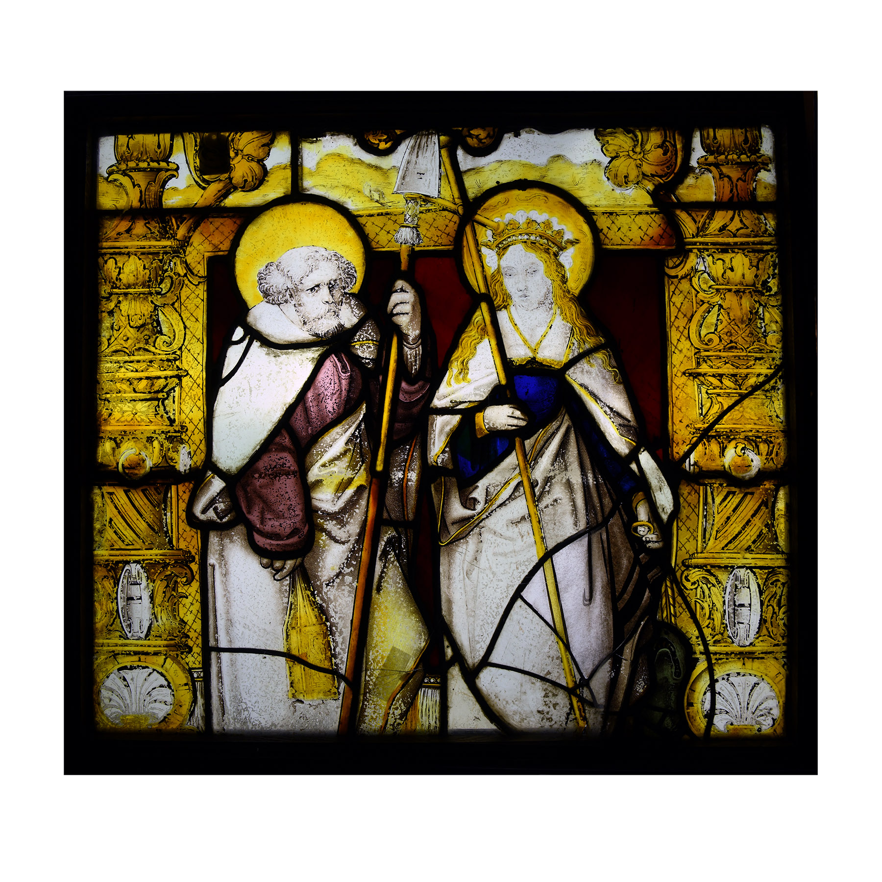 Medieval Stained Glass Panel with Saint Thomas and Saint Helena