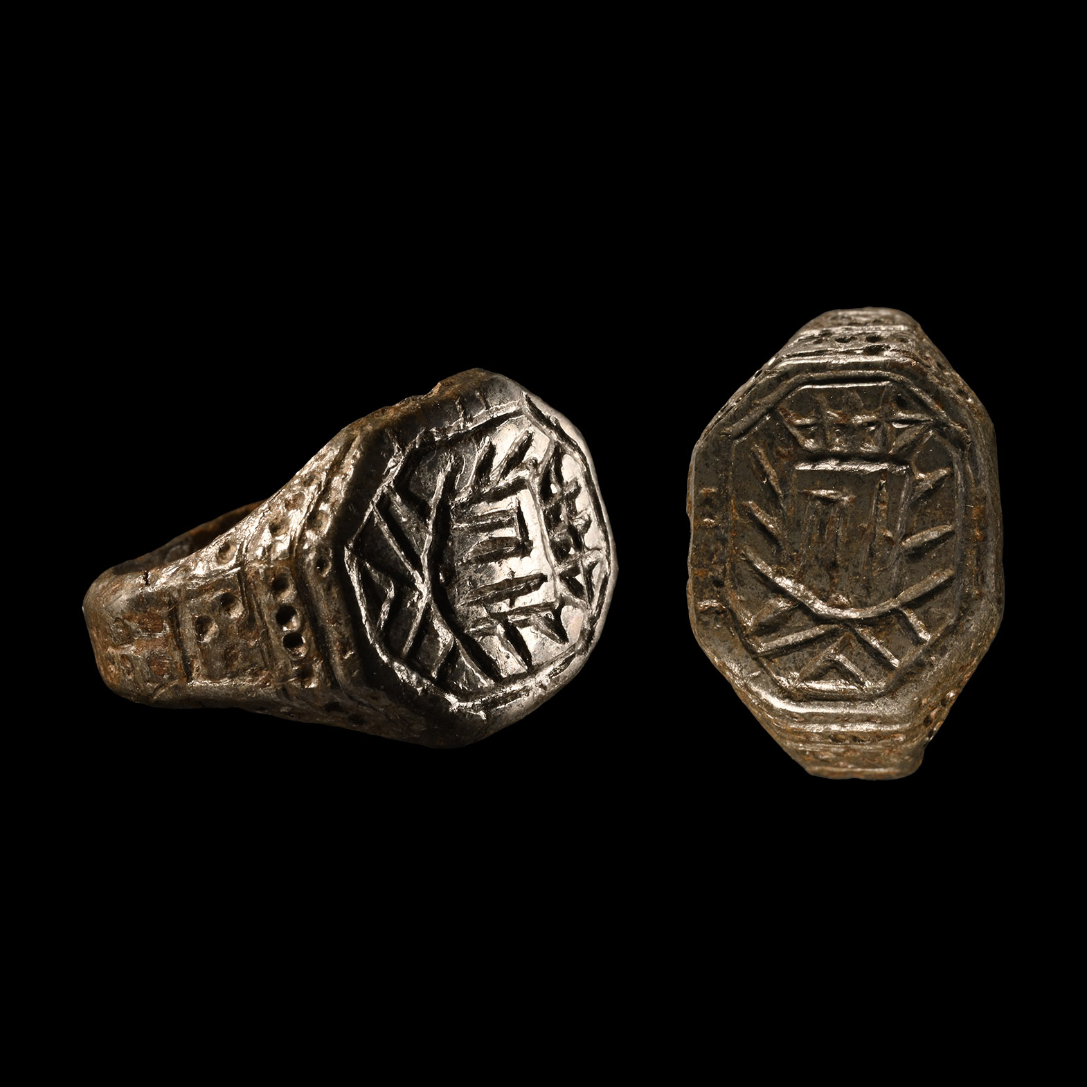 Tudor Period Tinned Bronze Ring with Crowned Shield