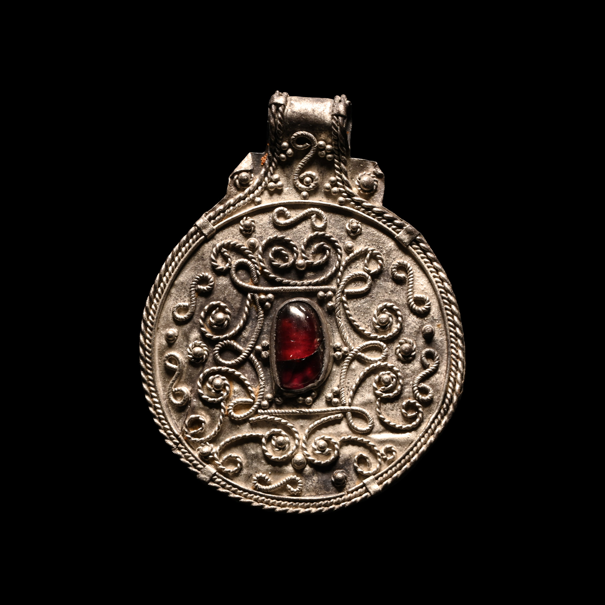 Viking Age Scandinavian Silver Filigree Pendant with Garnet