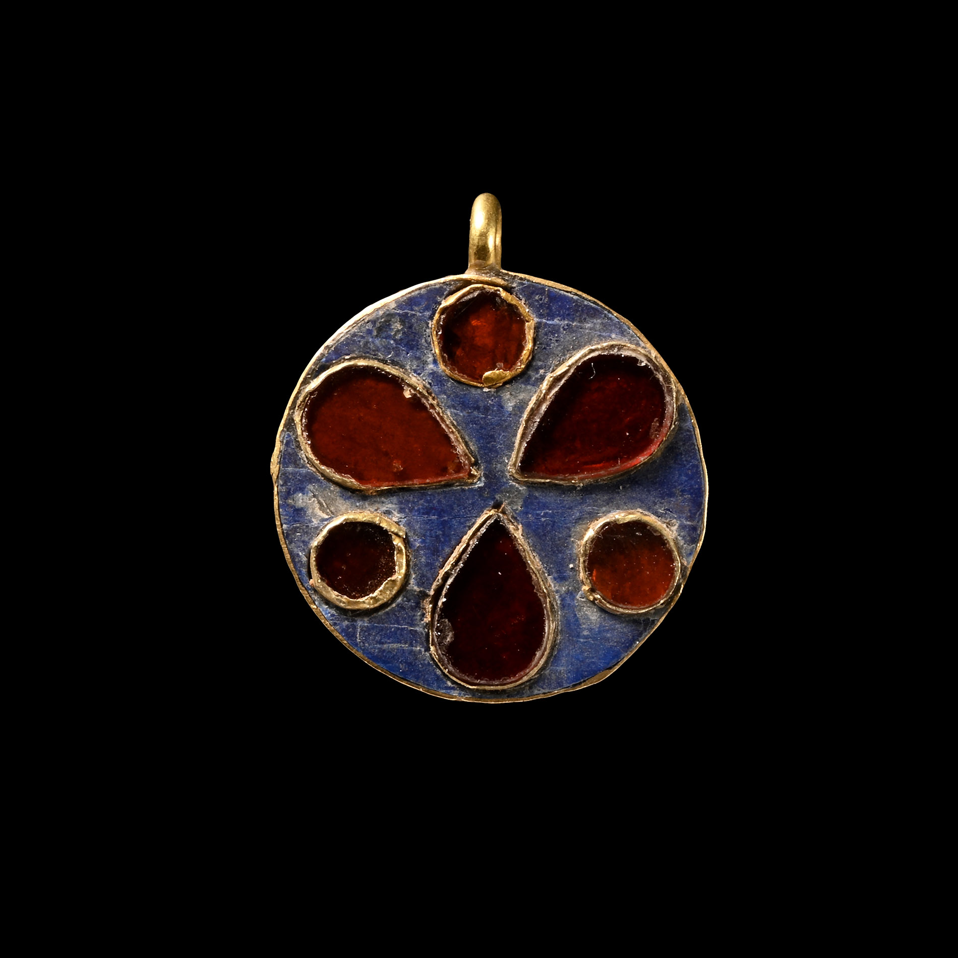 Western Asiatic Enamelled Gold Pendant with Inlaid Garnet
