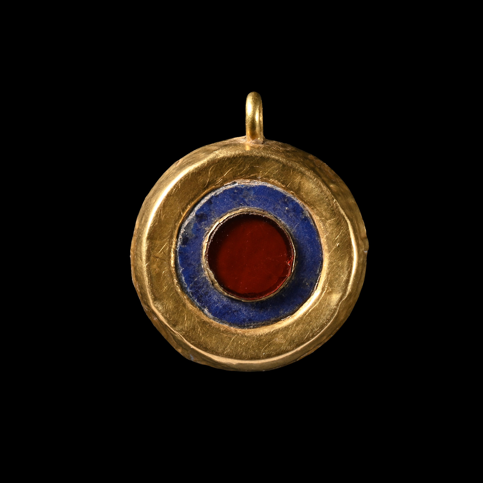 Western Asiatic Enamelled Gold Pendant with Inlaid Garnet