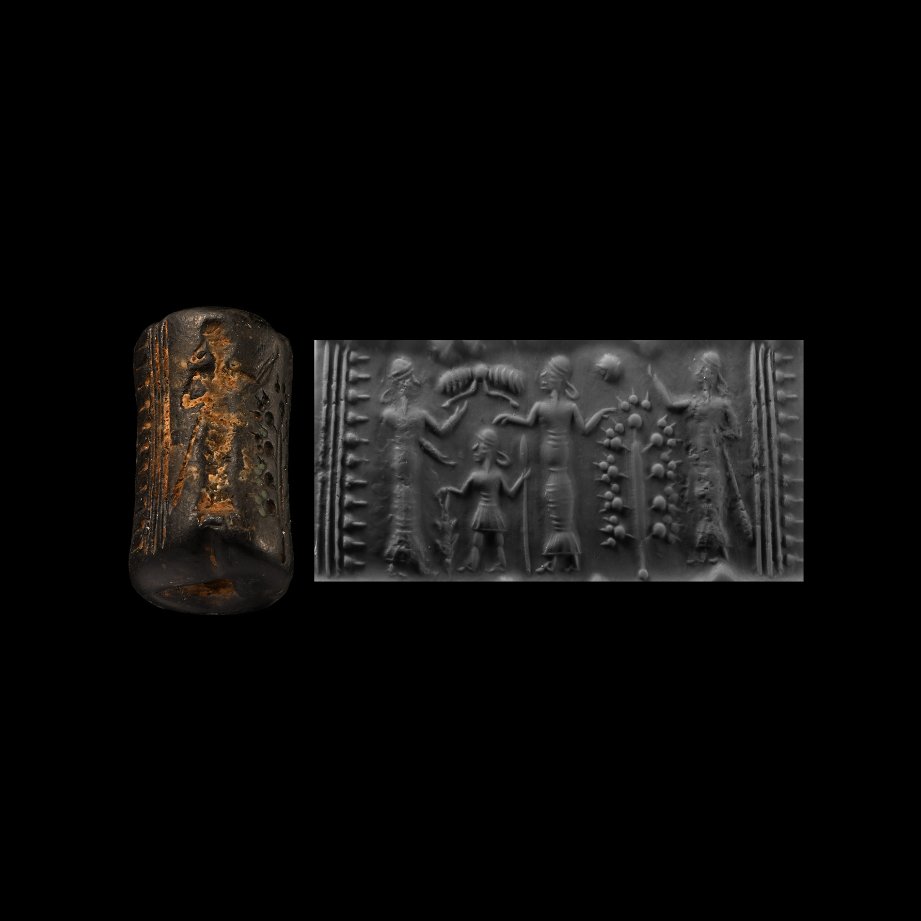 Mesopotamian Black Stone Cylinder Seal with Healing Scene
