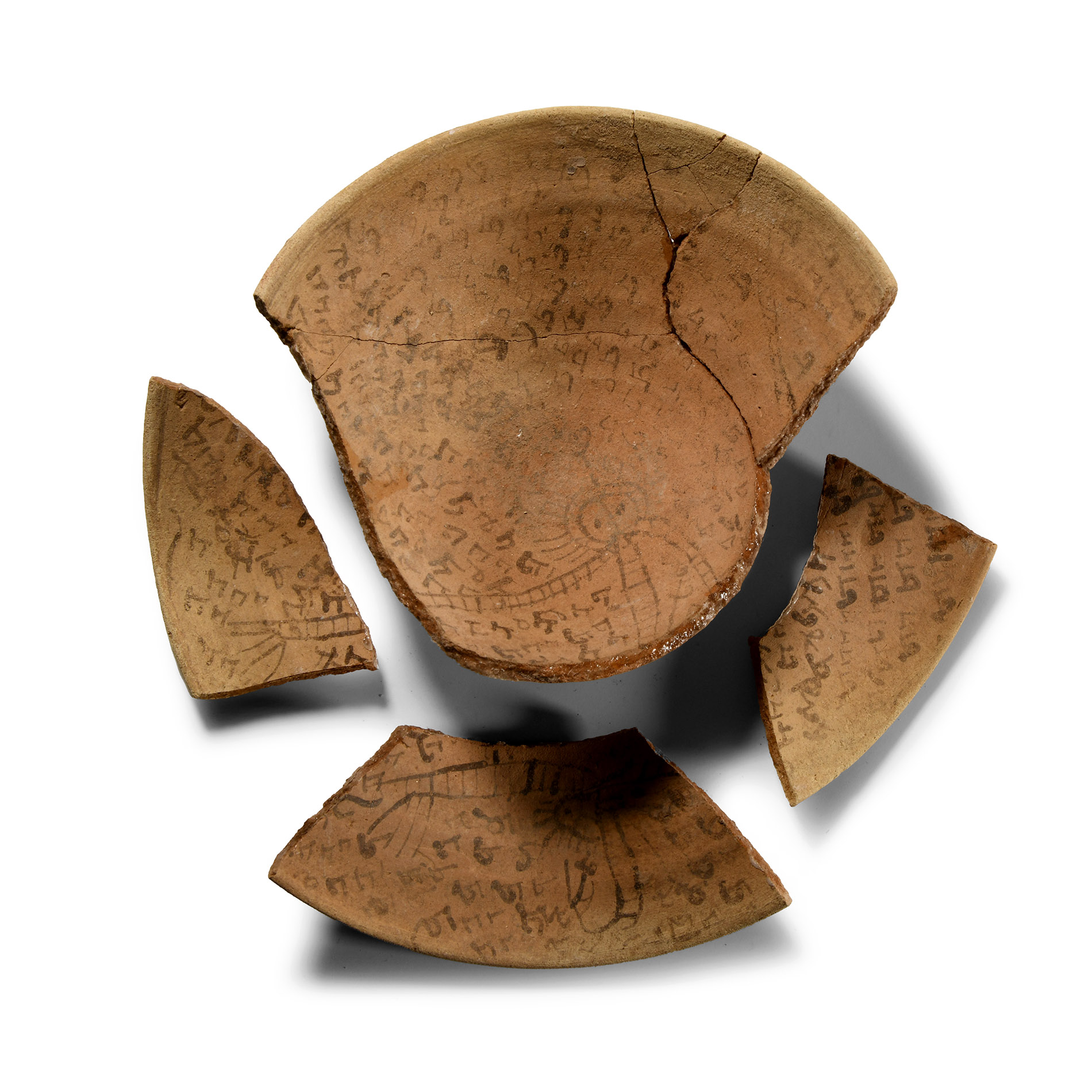 Fragmentary Jewish Magic Bowl with Aramaic Incantation Against Evil Spirits and Drawing of the Devil