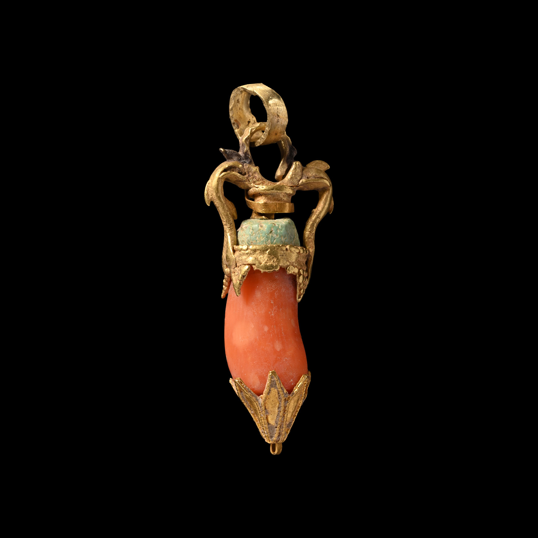 Hellenistic Gold and Coral Pendant with Dolphins