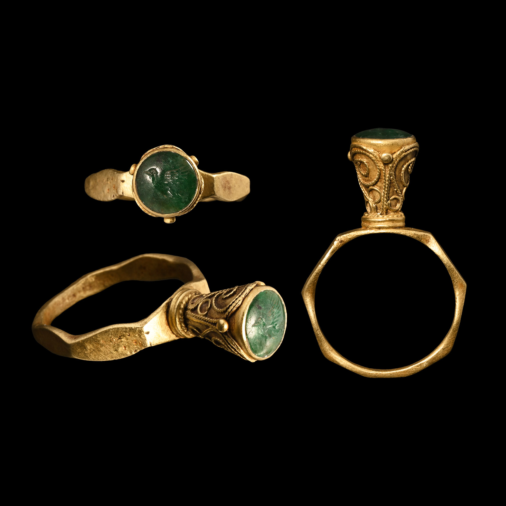 Byzantine Architectural Electrum Ring with Emerald Engraved with a Dove