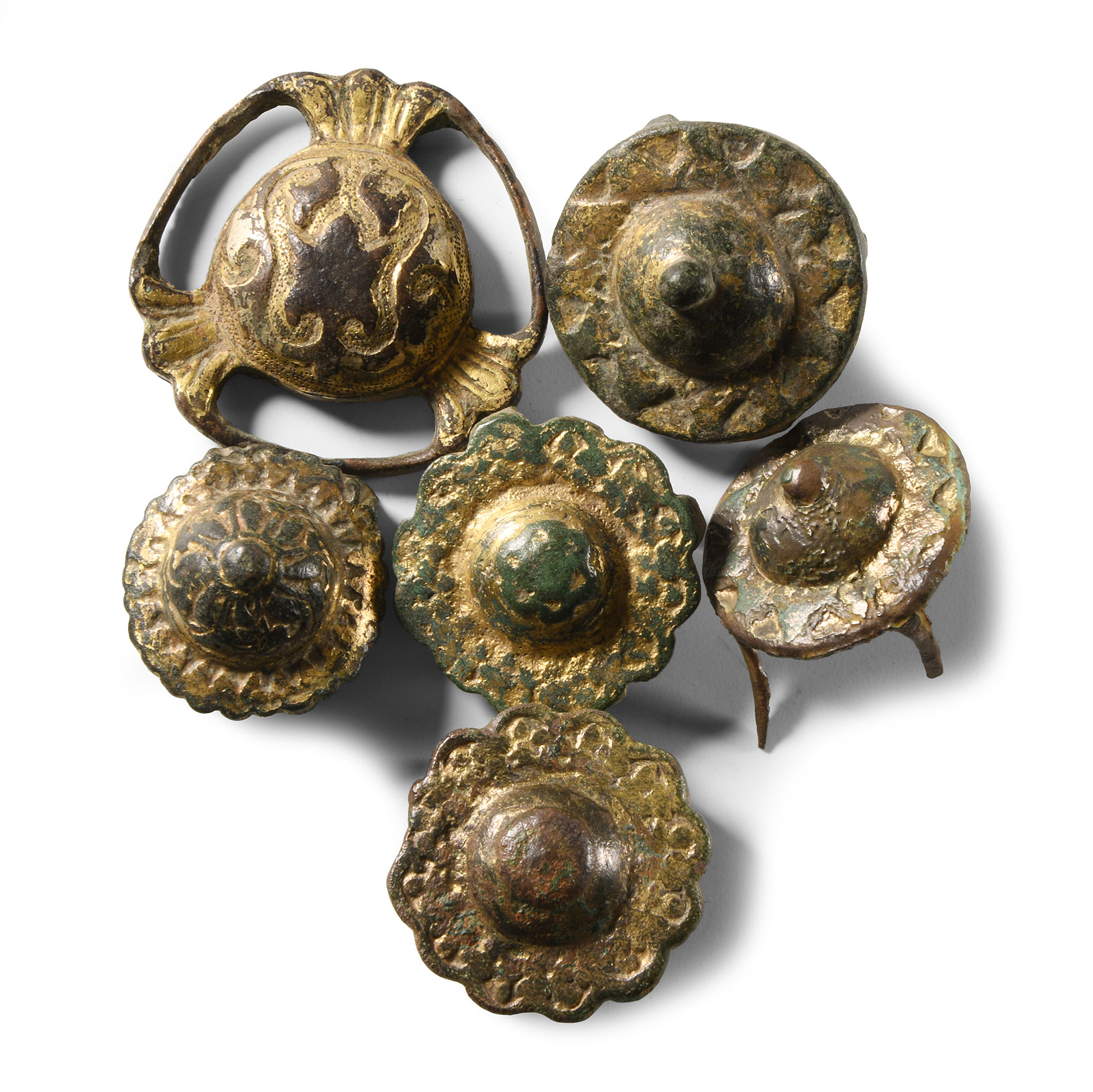 Medieval Period Gilt Bronze Equine Bridle Junction and Mount Group