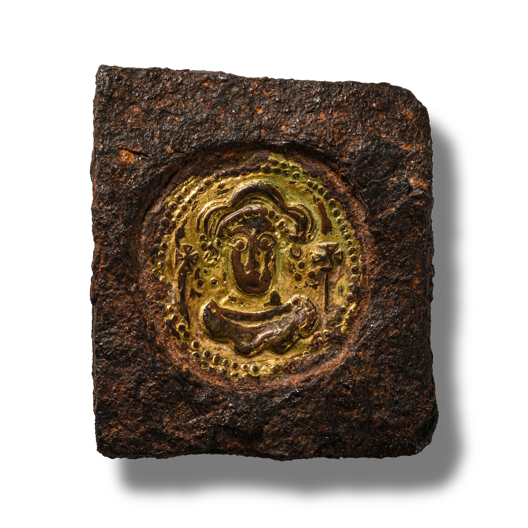 Merovingian Frankish Gilt Bronze Face in Iron Die