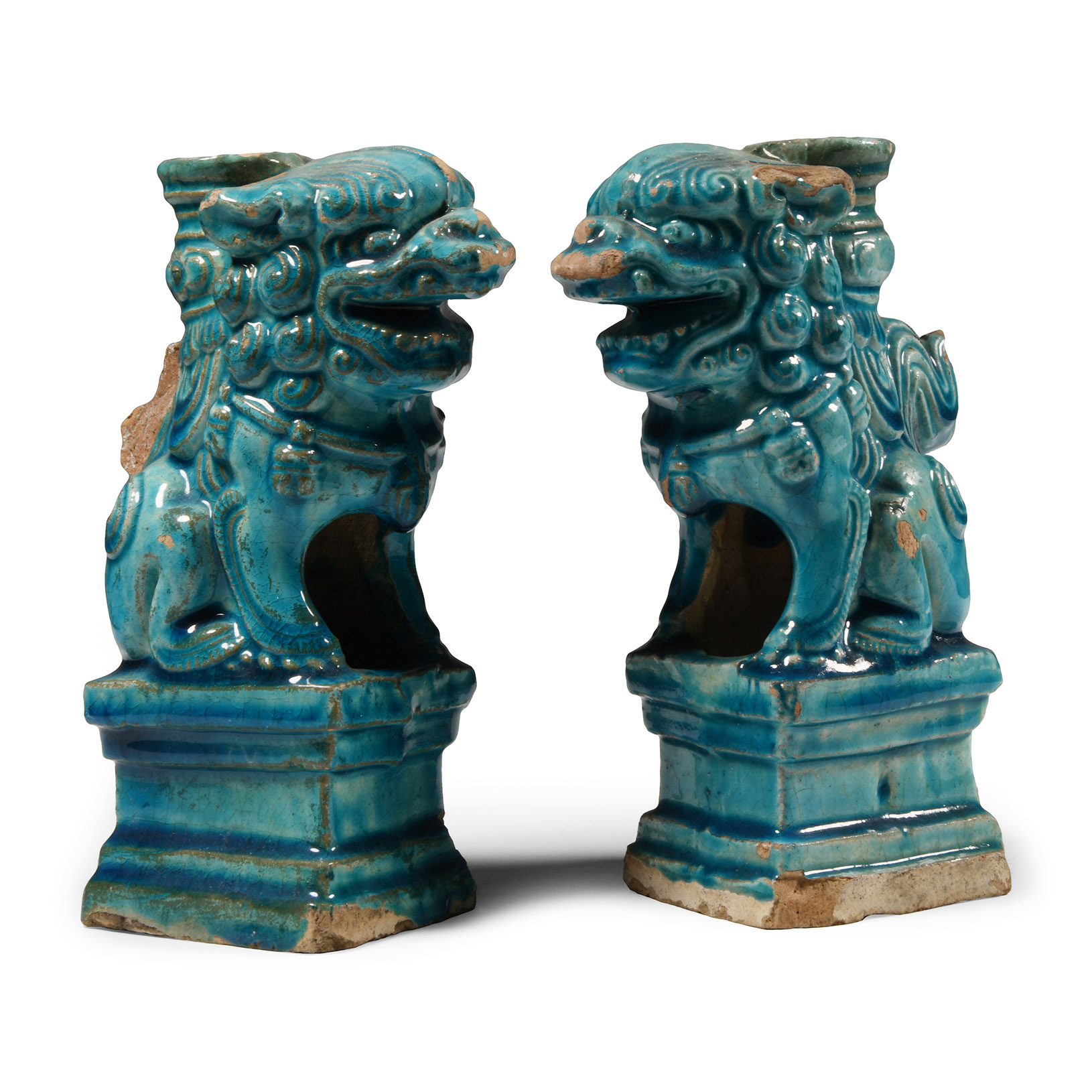 Chinese Ming Glazed Lion Candlestick Pair