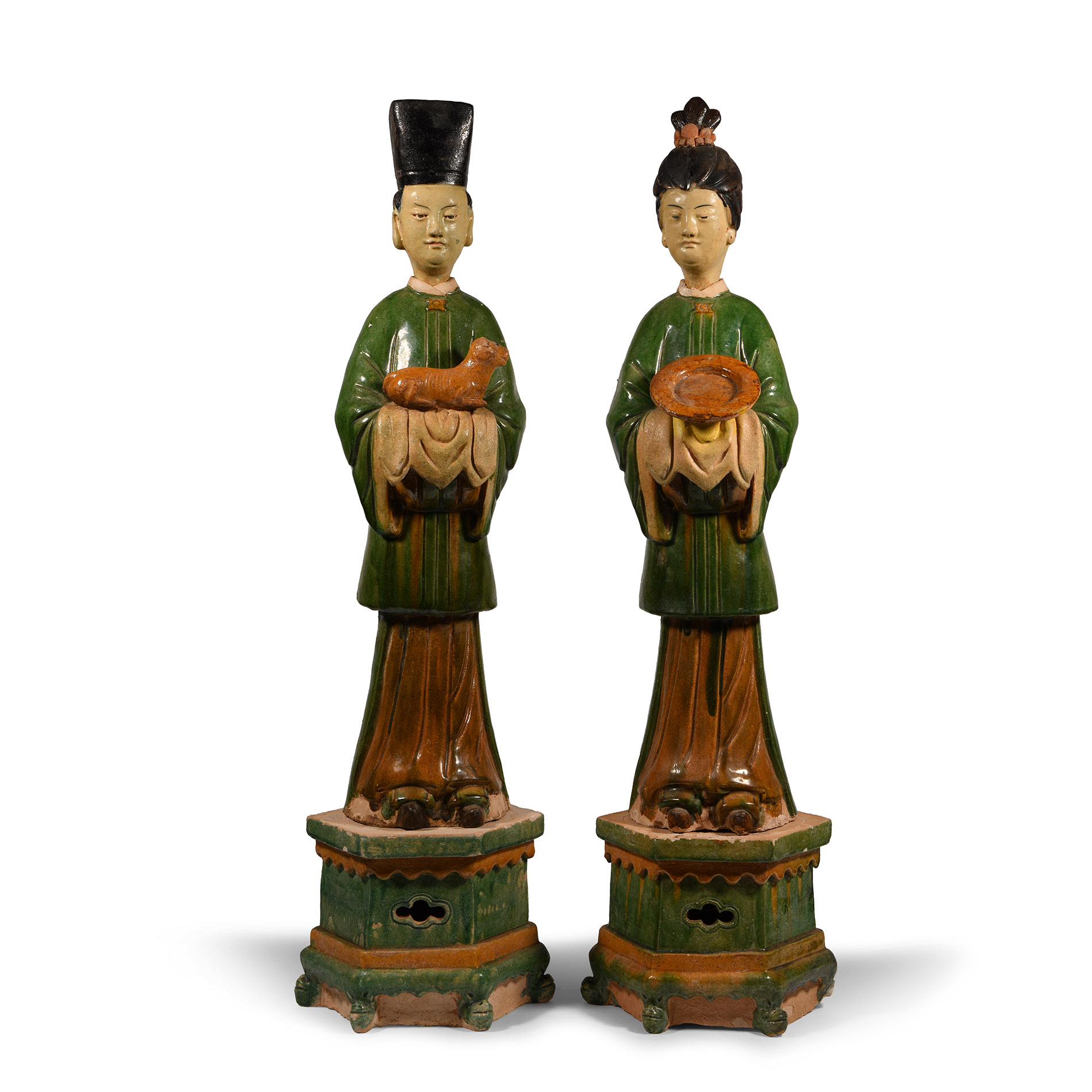 Large Chinese Ming Green Glazed Attendant Pair