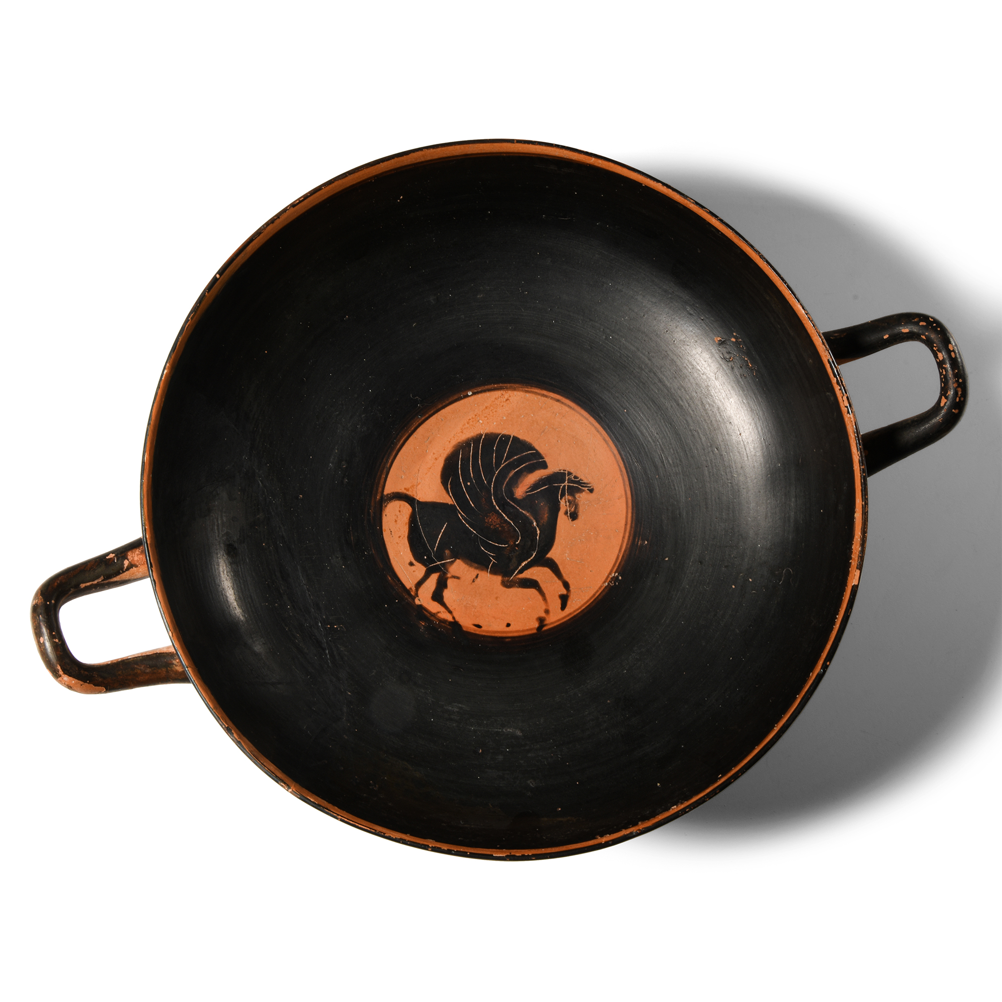 Attic Black Figure Kylix with Processional Scenes of Satyrs and Maenads and Pegasus