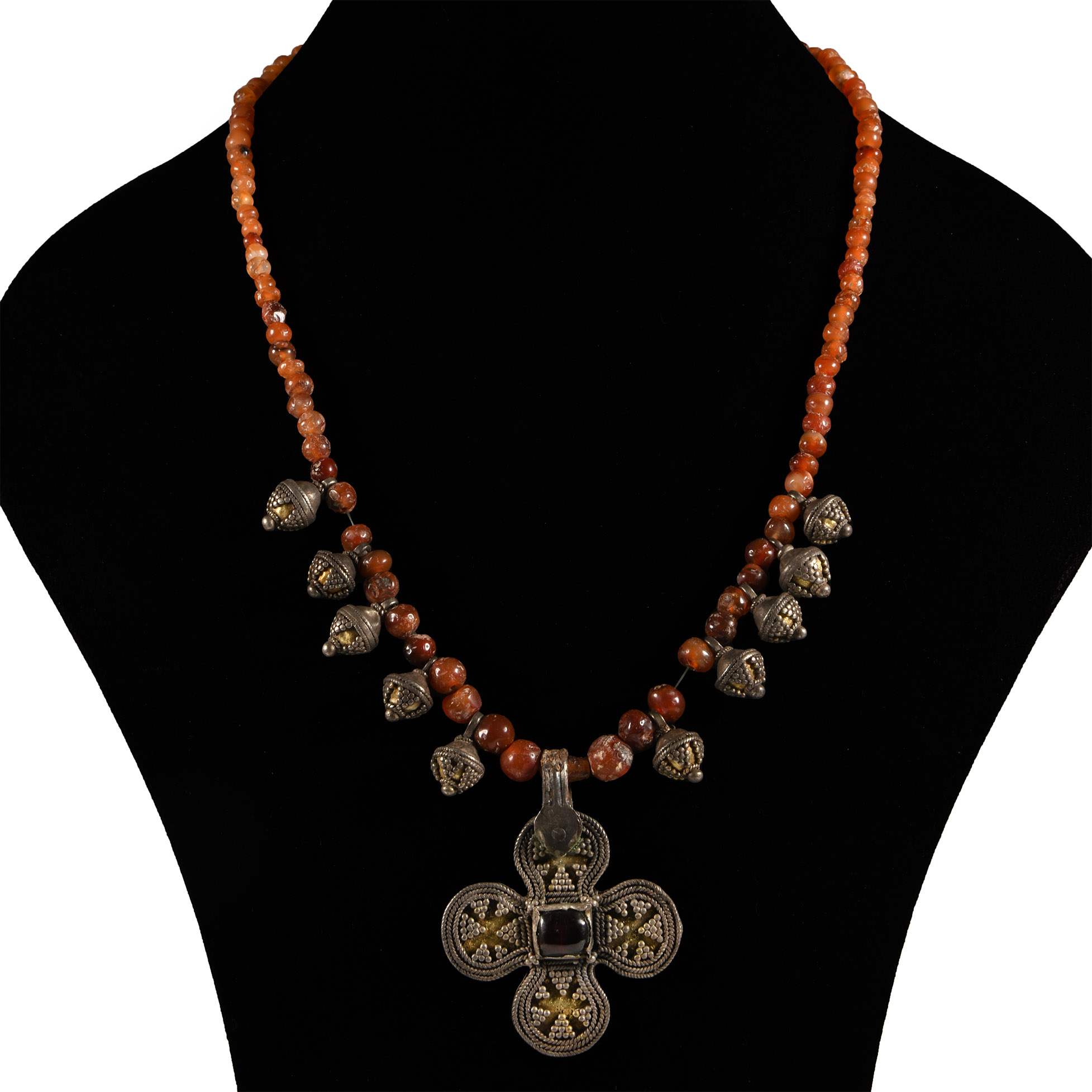 Slavic Silver and Carnelian Bead Necklace with Silver Cross Pendant