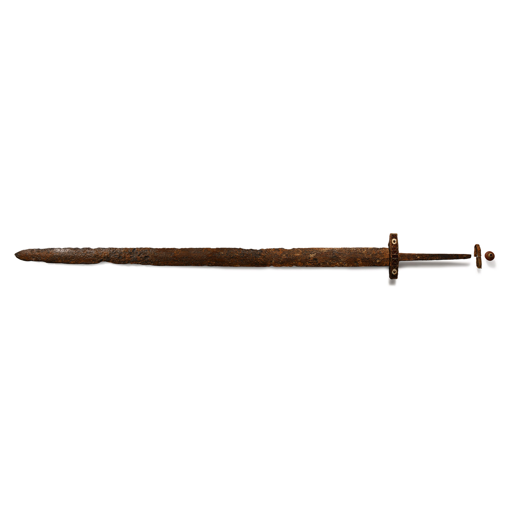 Migration Period Iron Sword with Garnet and Shell Cross Guard with Gold and Amber Sword Bead