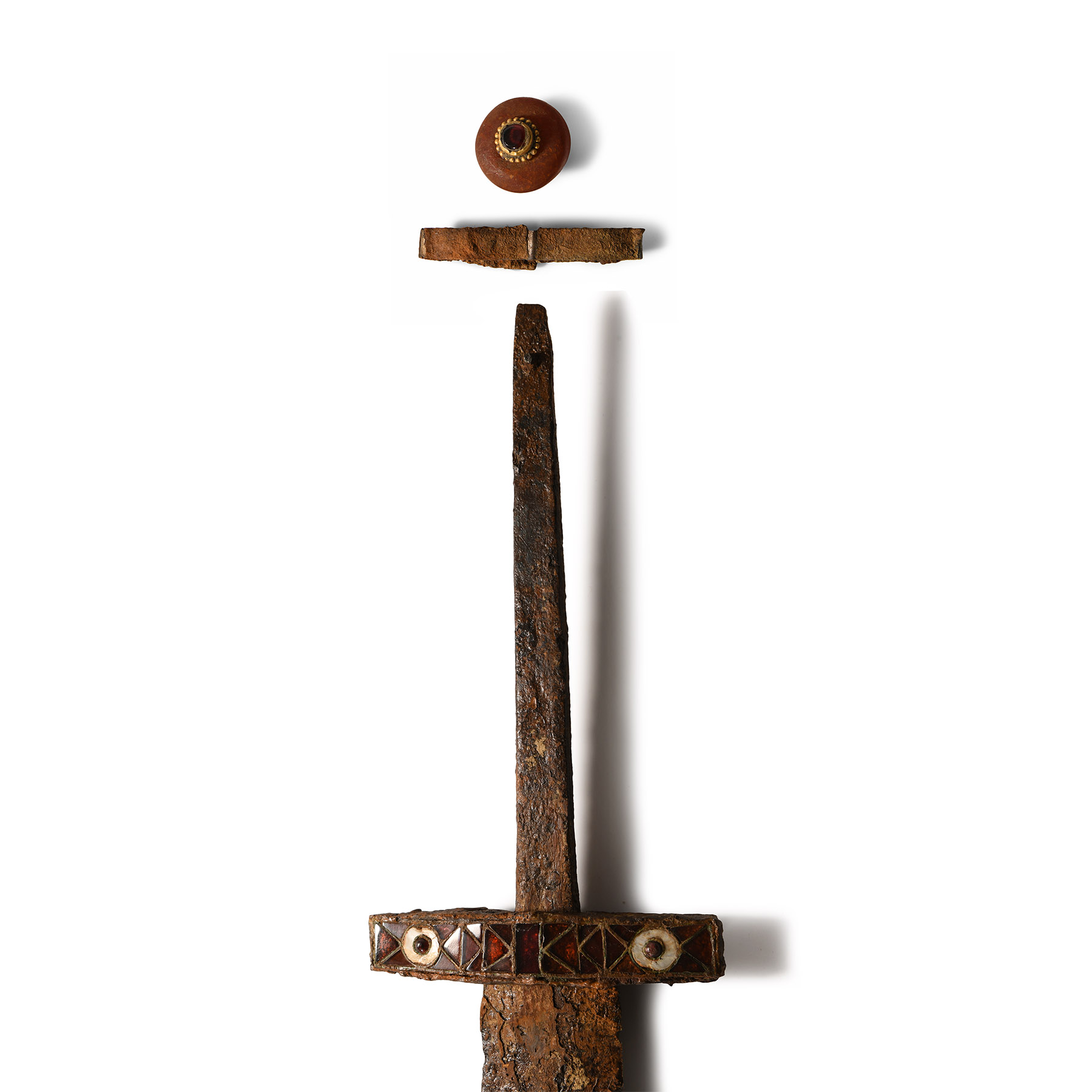 Migration Period Iron Sword with Garnet and Shell Cross Guard with Gold and Amber Sword Bead