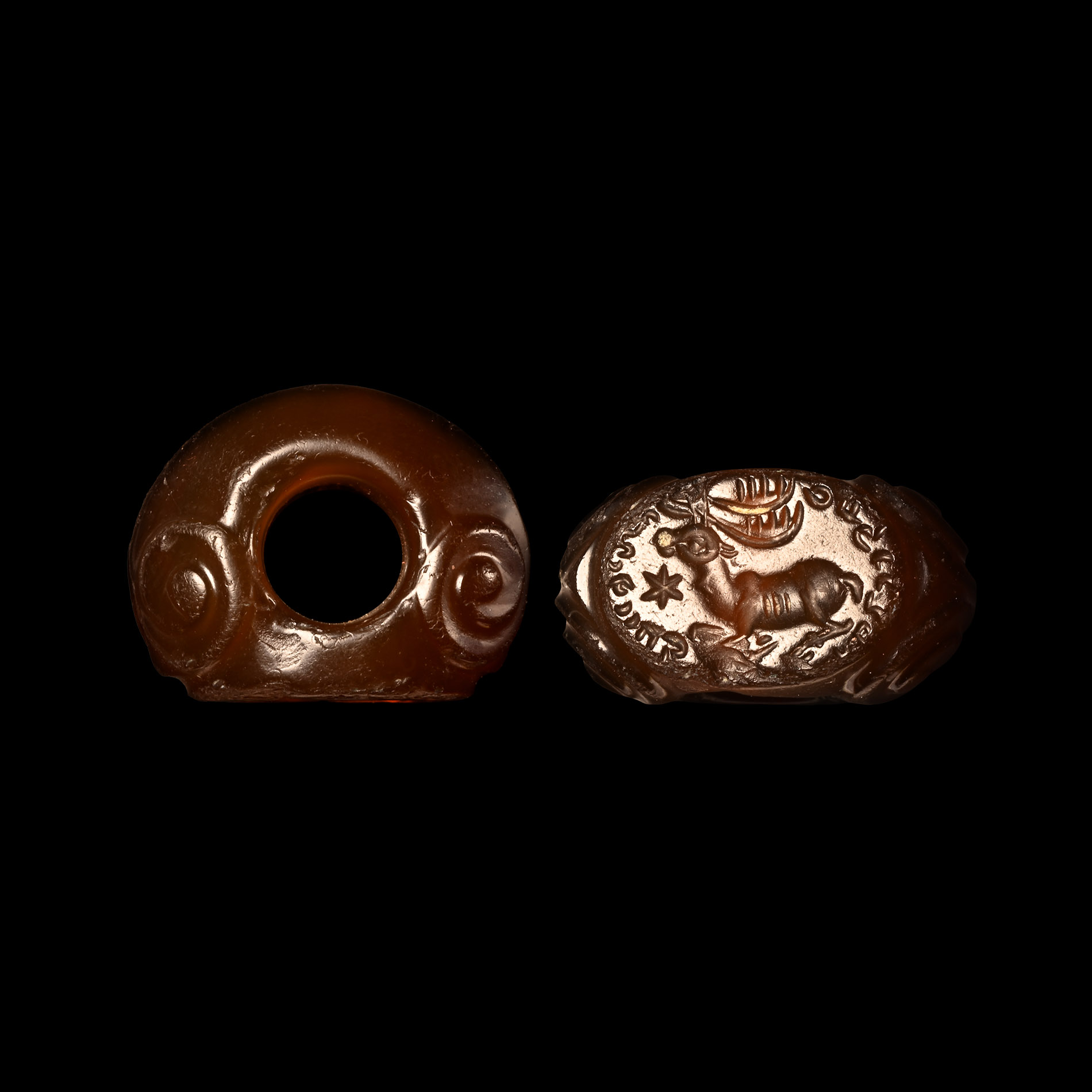 Sassanian Carnelian Stamp Seal with Stag and Inscription