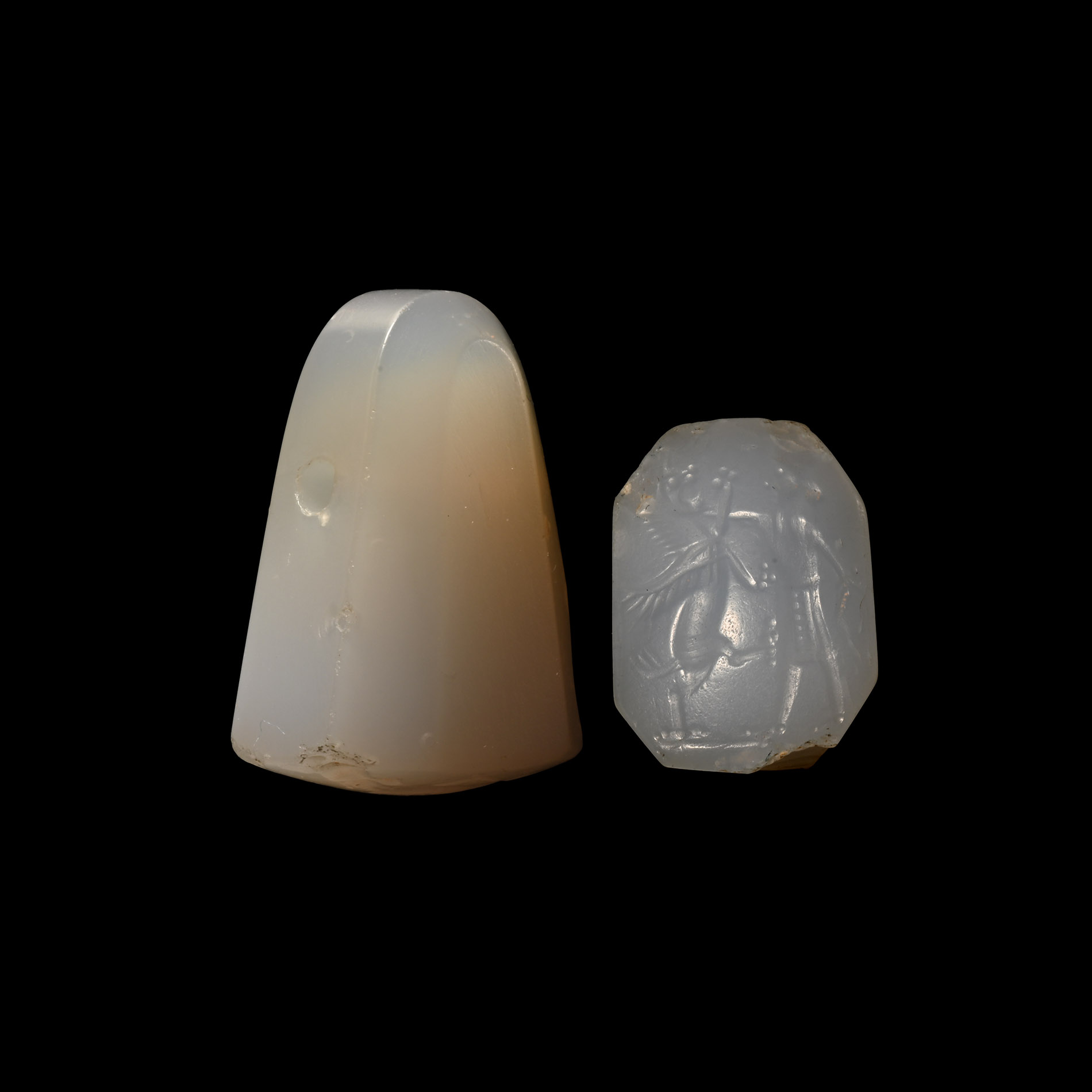 Neo-Babylonian Chalcedony Stamp Seal with King and Gryphon