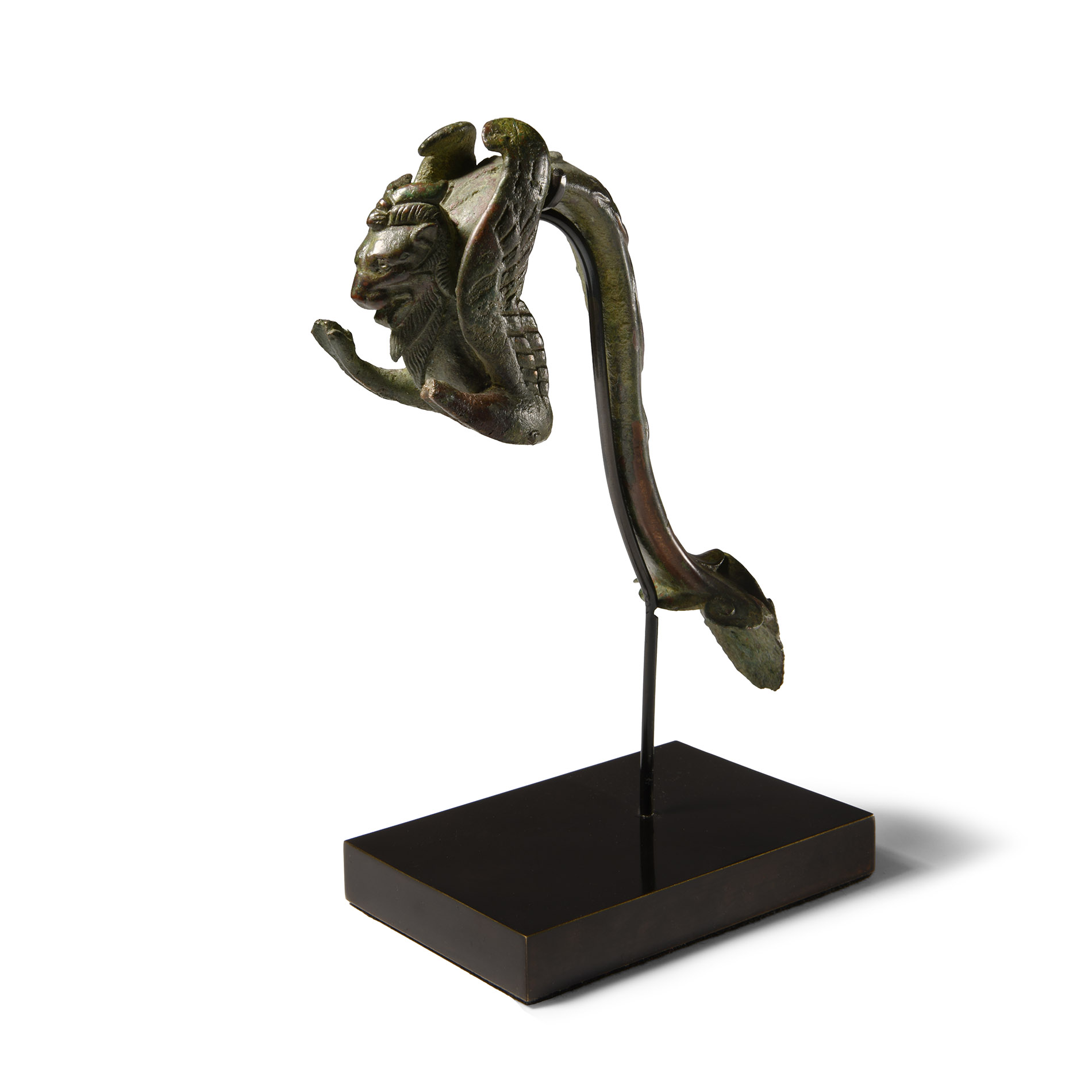 Roman Bronze Handle with Winged Lion and Mask