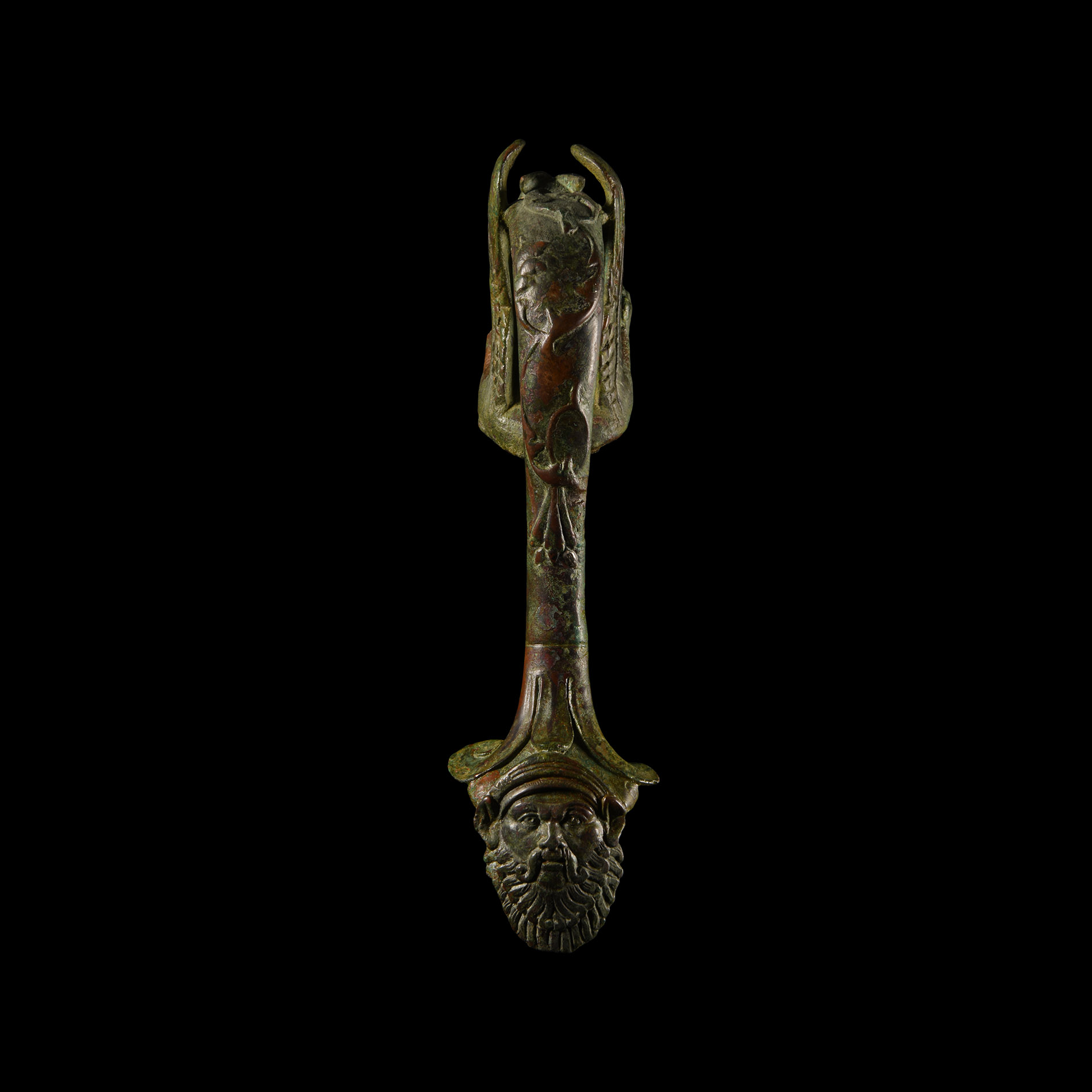 Roman Bronze Handle with Winged Lion and Mask