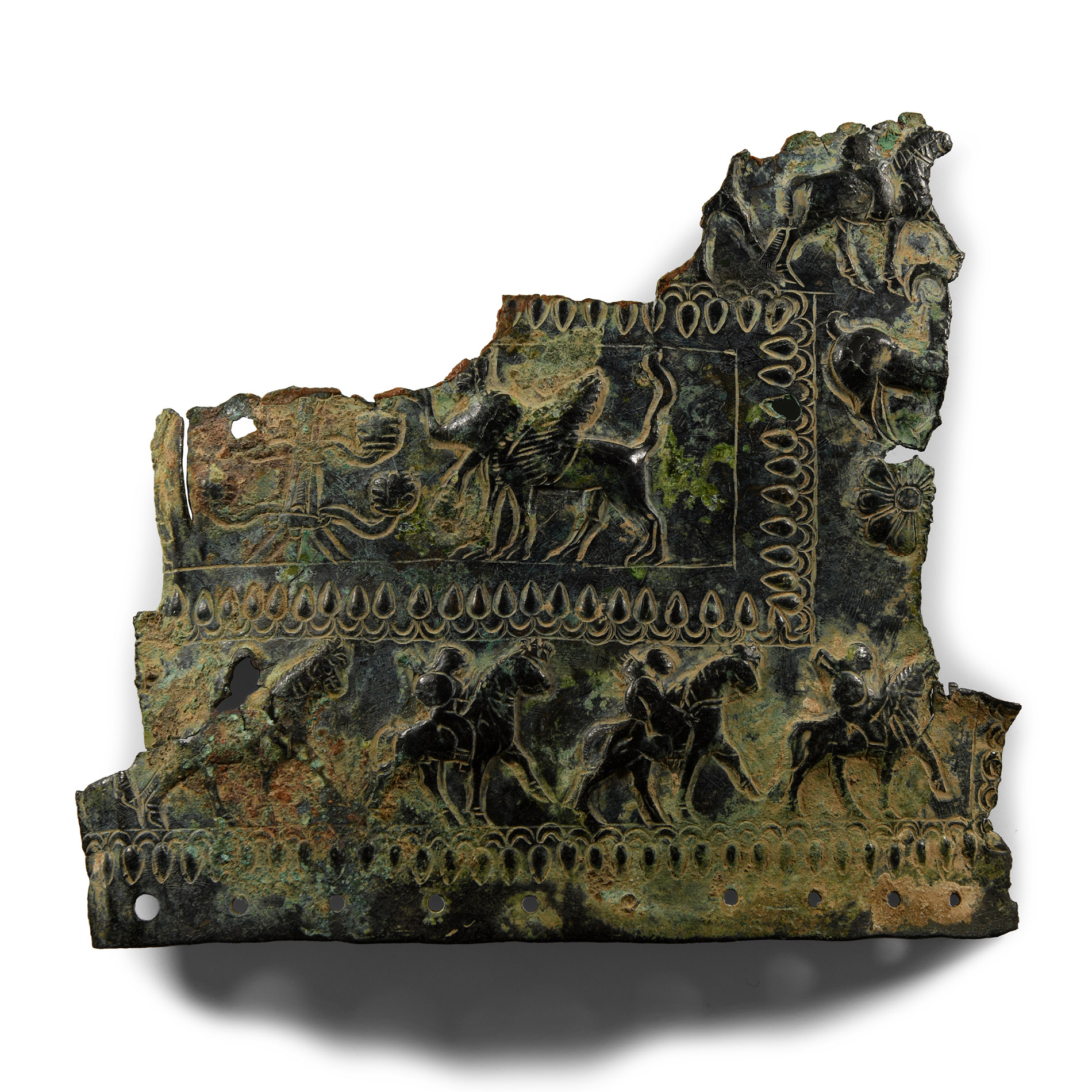 Urartu Bronze Repoussé Fragment with Advancing Warriors on Horseback