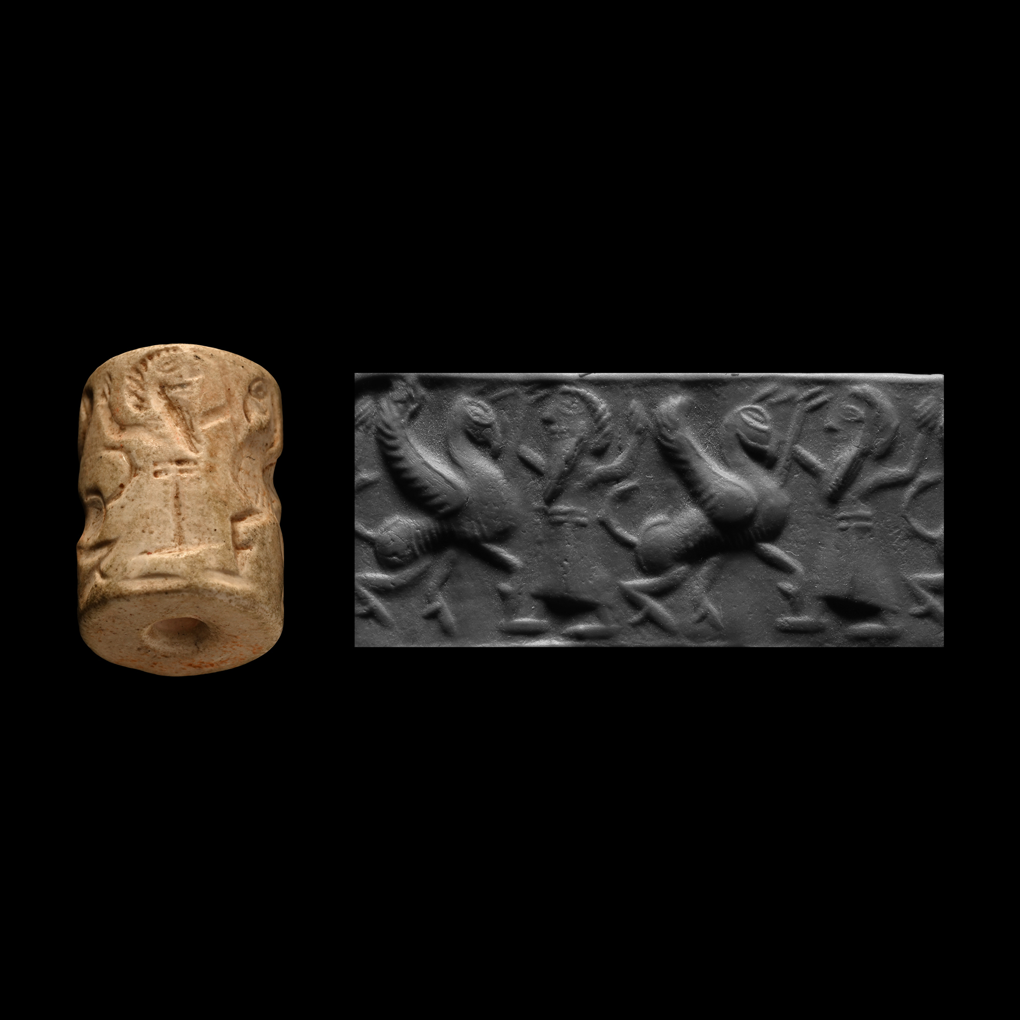 Central Asian Chert Cylinder Seal with Hero and Monster