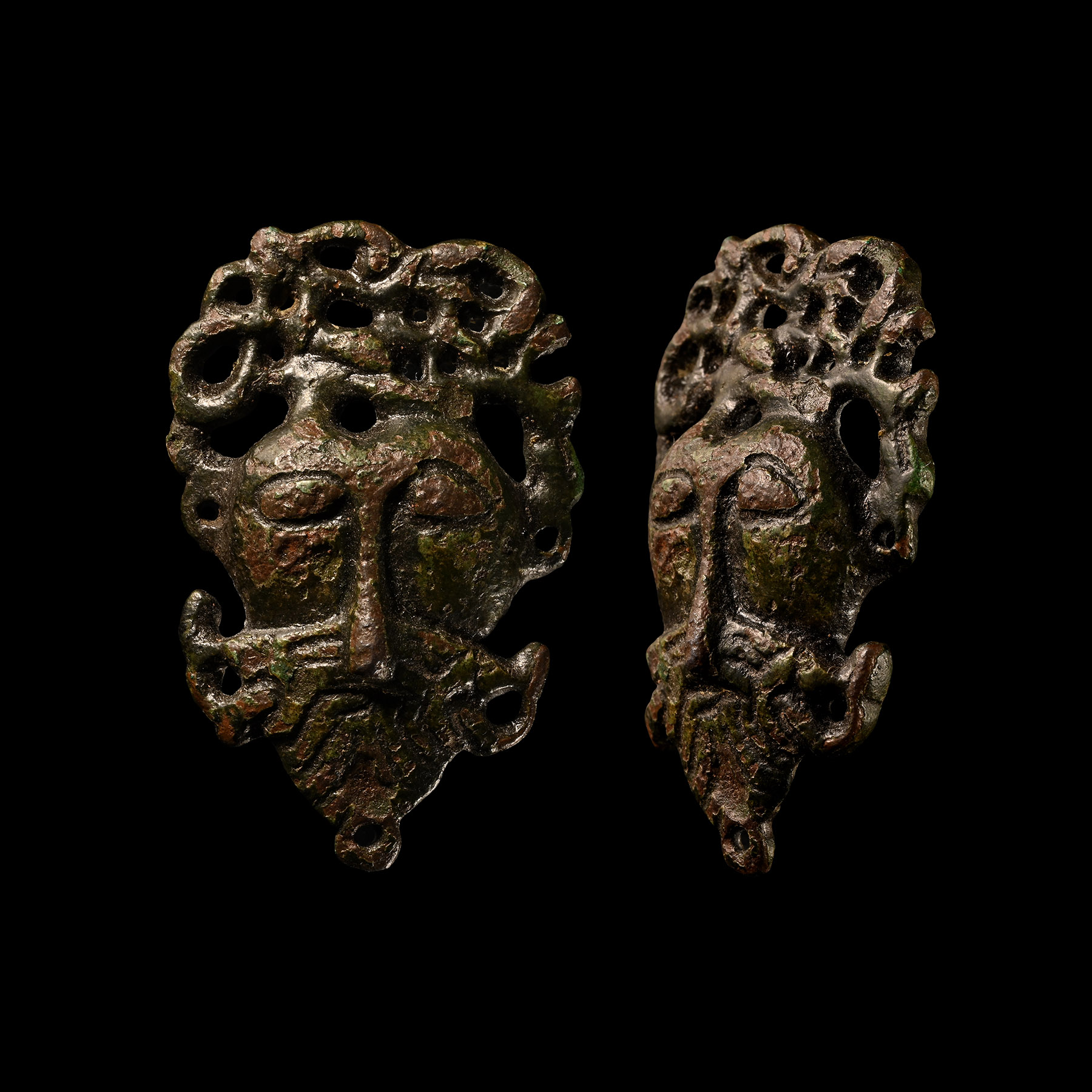 'The Ferryhill' Anglo-Scandinavian Viking Bronze Three-Dimensional Urnes Stirrup-Type Mount with Head of Odin