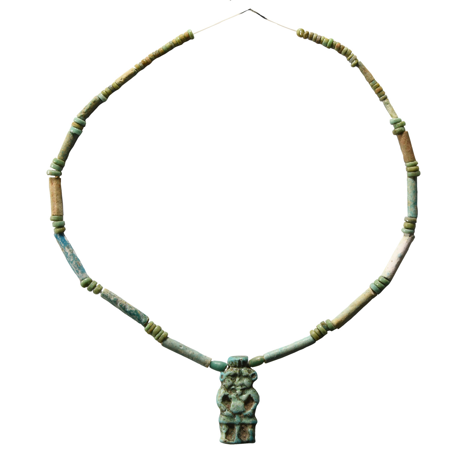 Egyptian Faience Bead Necklace String with Bes Amulet