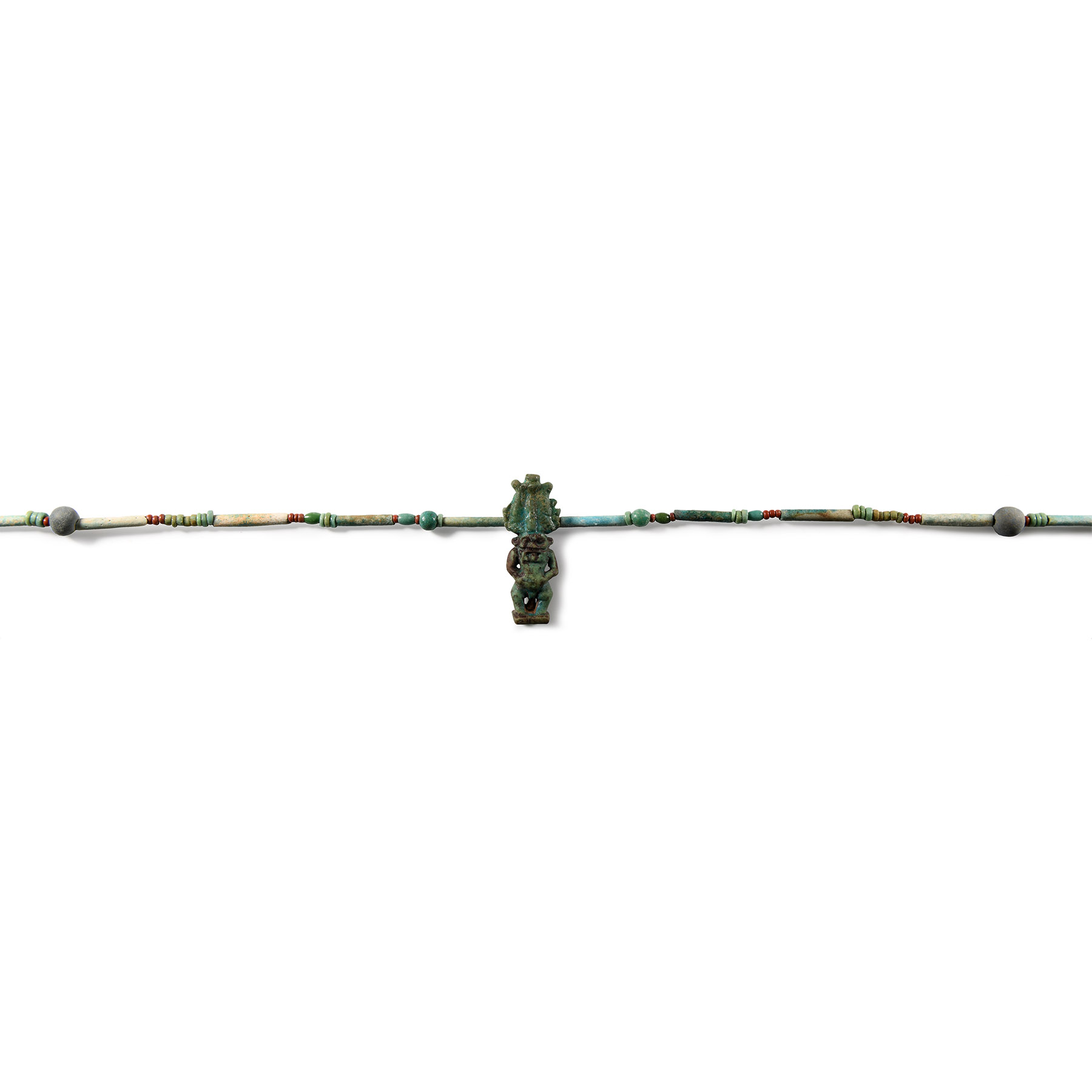 Egyptian Faience Bead Necklace String with Large Bes Amulet