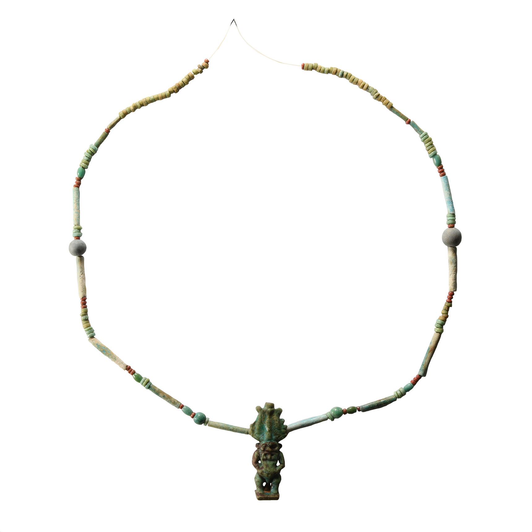 Egyptian Faience Bead Necklace String with Large Bes Amulet
