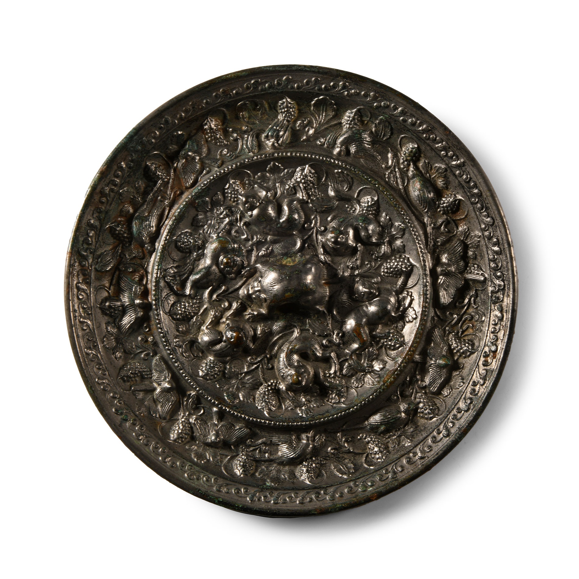 Chinese Tang Tinned Bronze Mirror with Monkeys