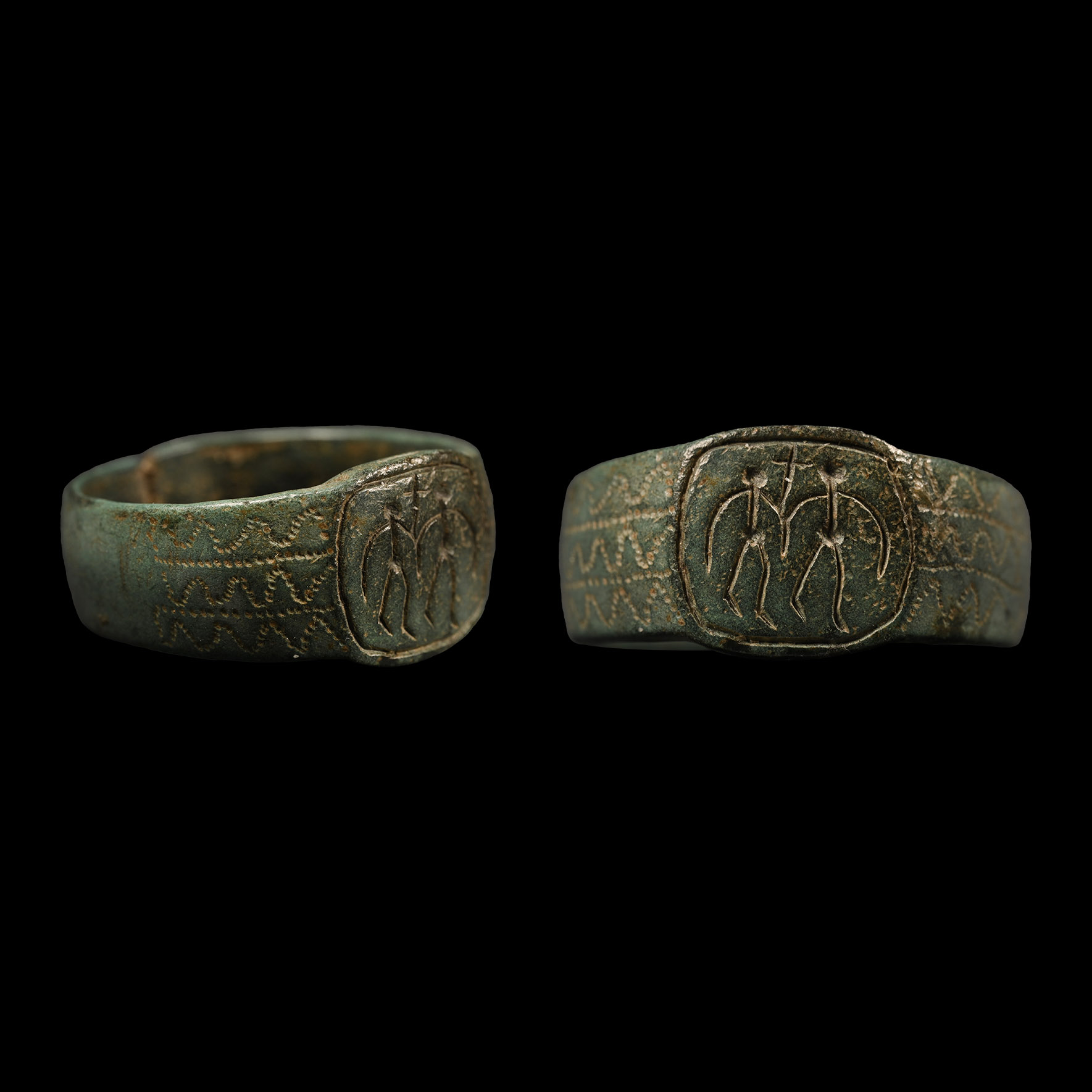 Dark Age Bronze Ring with Two Figures and Cross