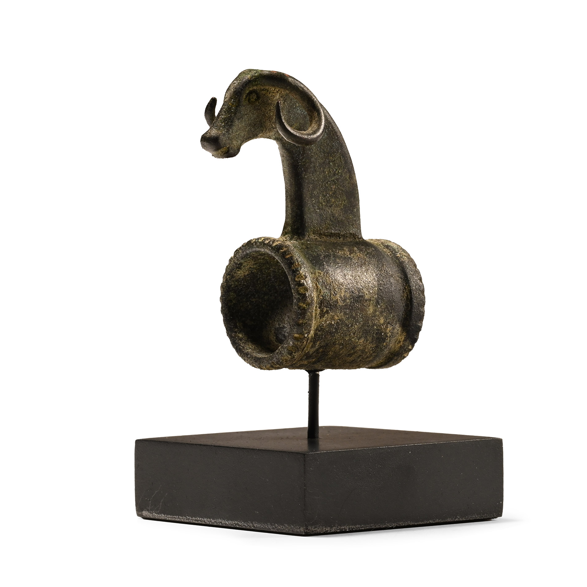 Western Asiatic Bronze Ram's Head Fitting from a Whetstone