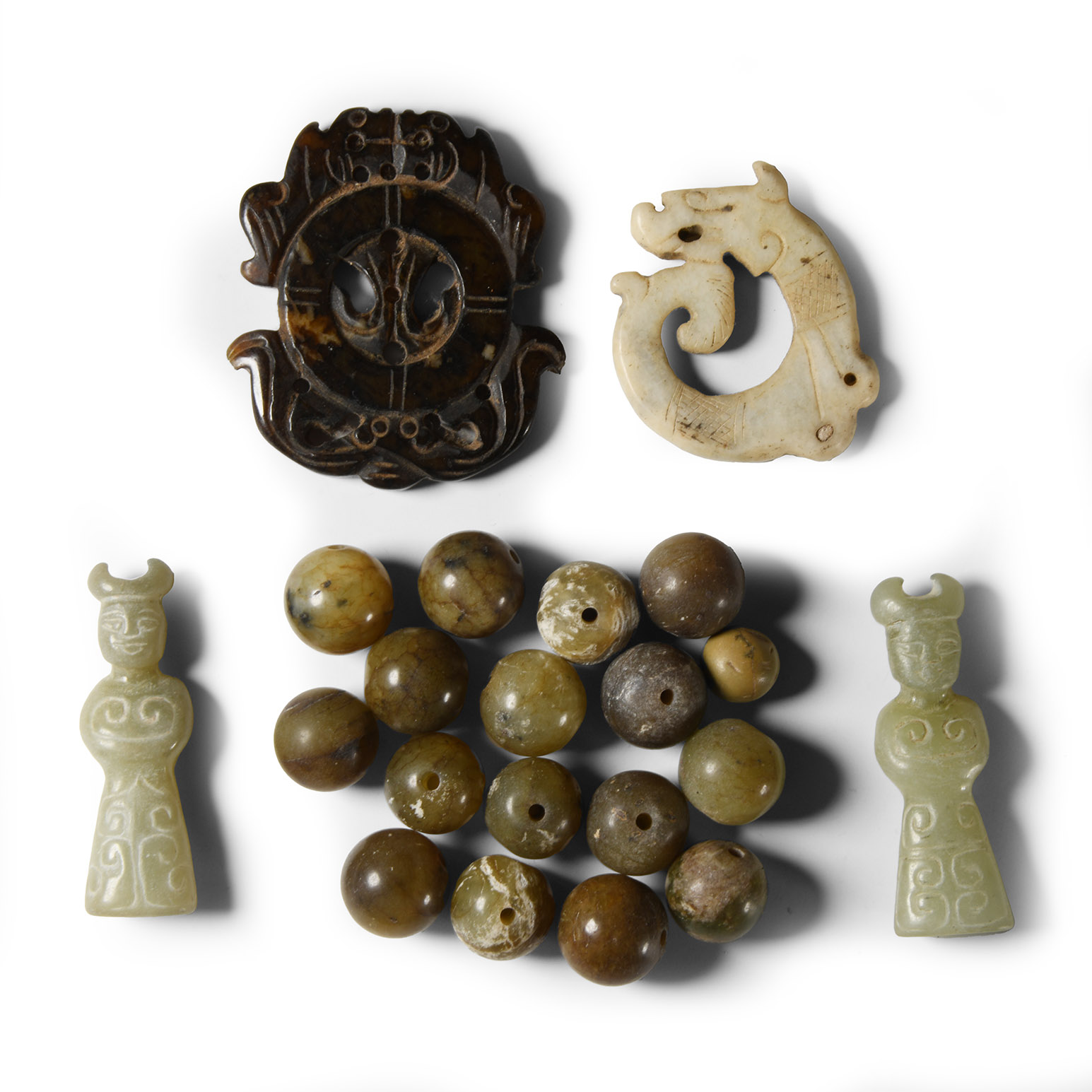 Chinese Green Stone Bead and Pendant Group