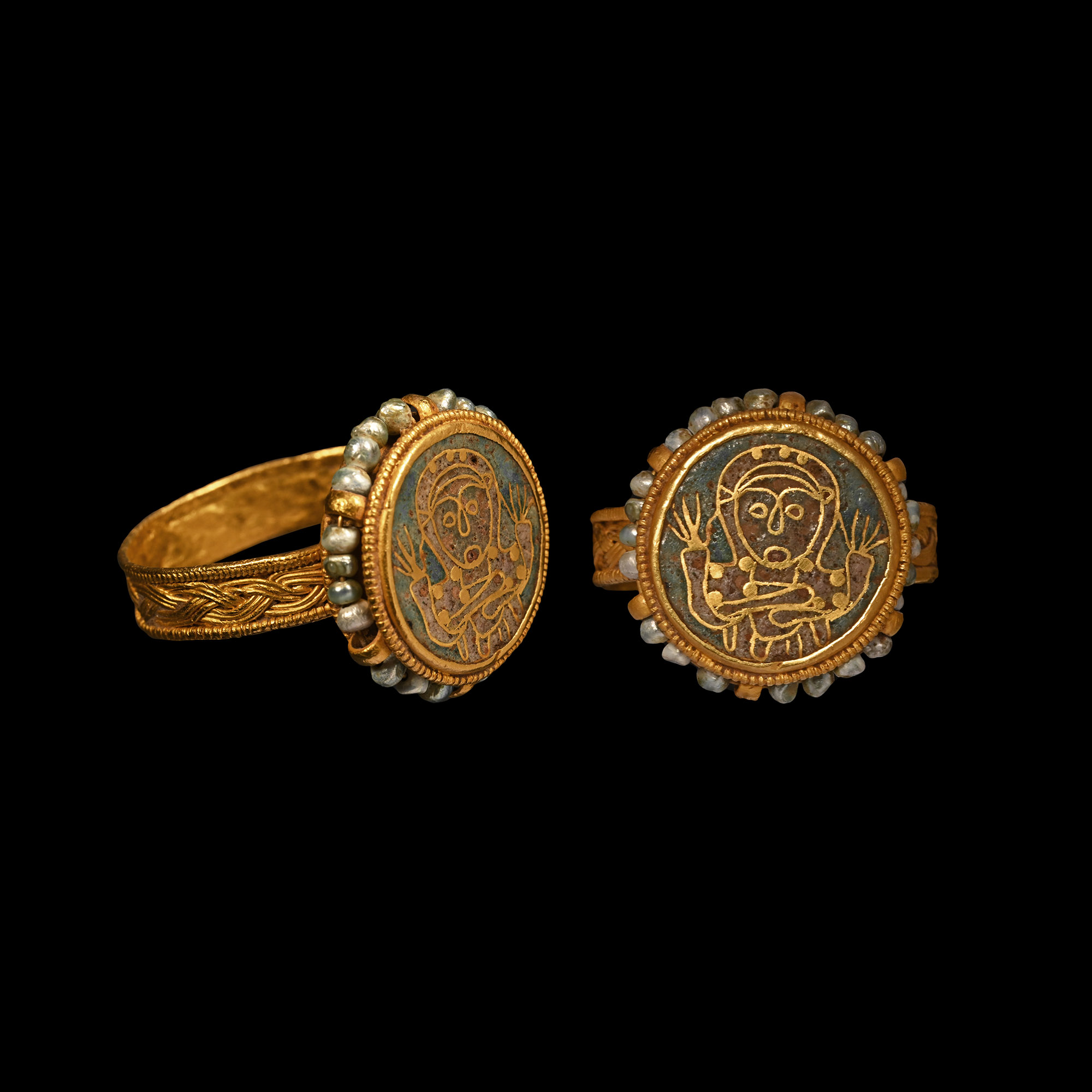 Early Byzantine Gold Ring with Pearls and Later Cloisonne Enamelled Figure
