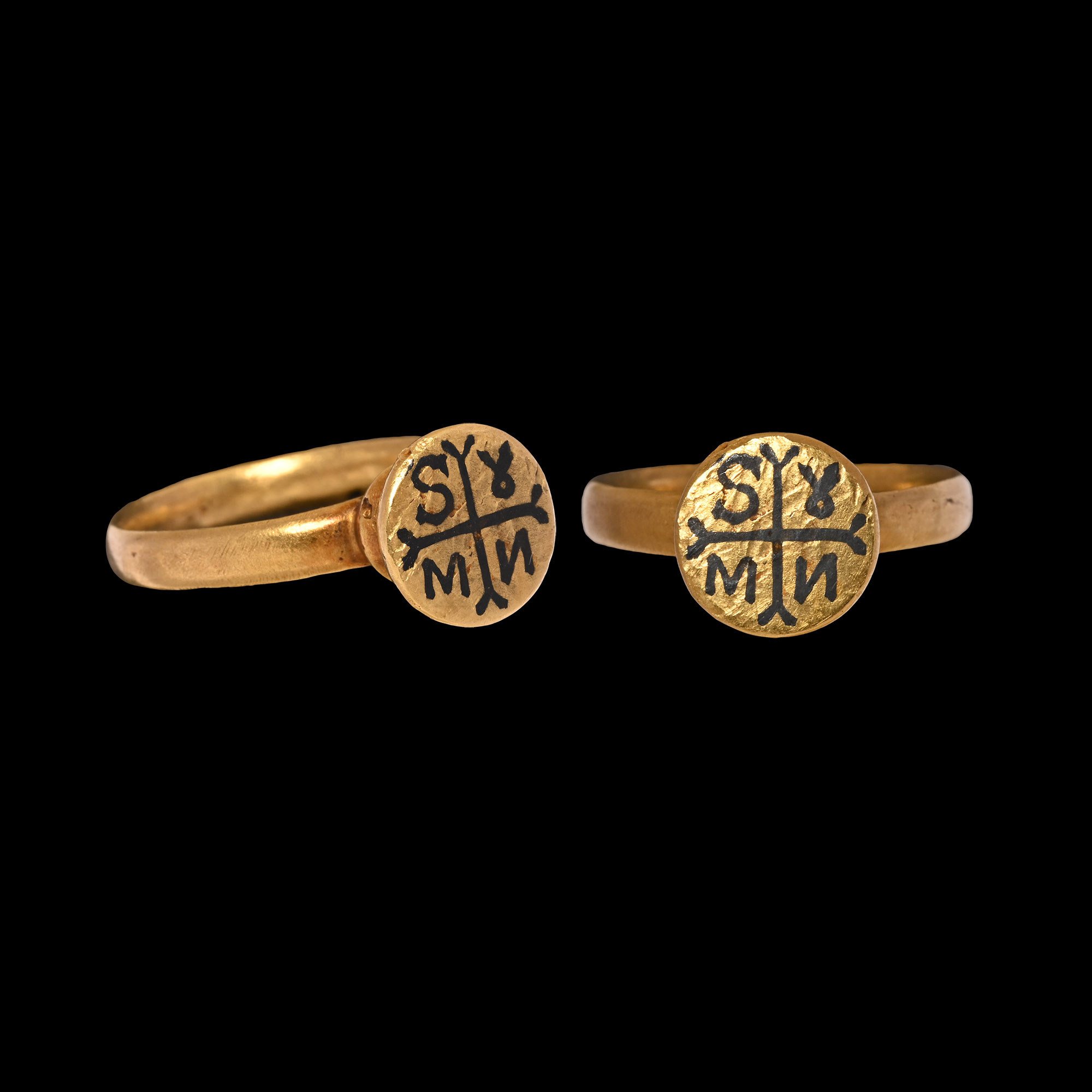 Byzantine Style Gold Ring with Niello Cruciform Monogram