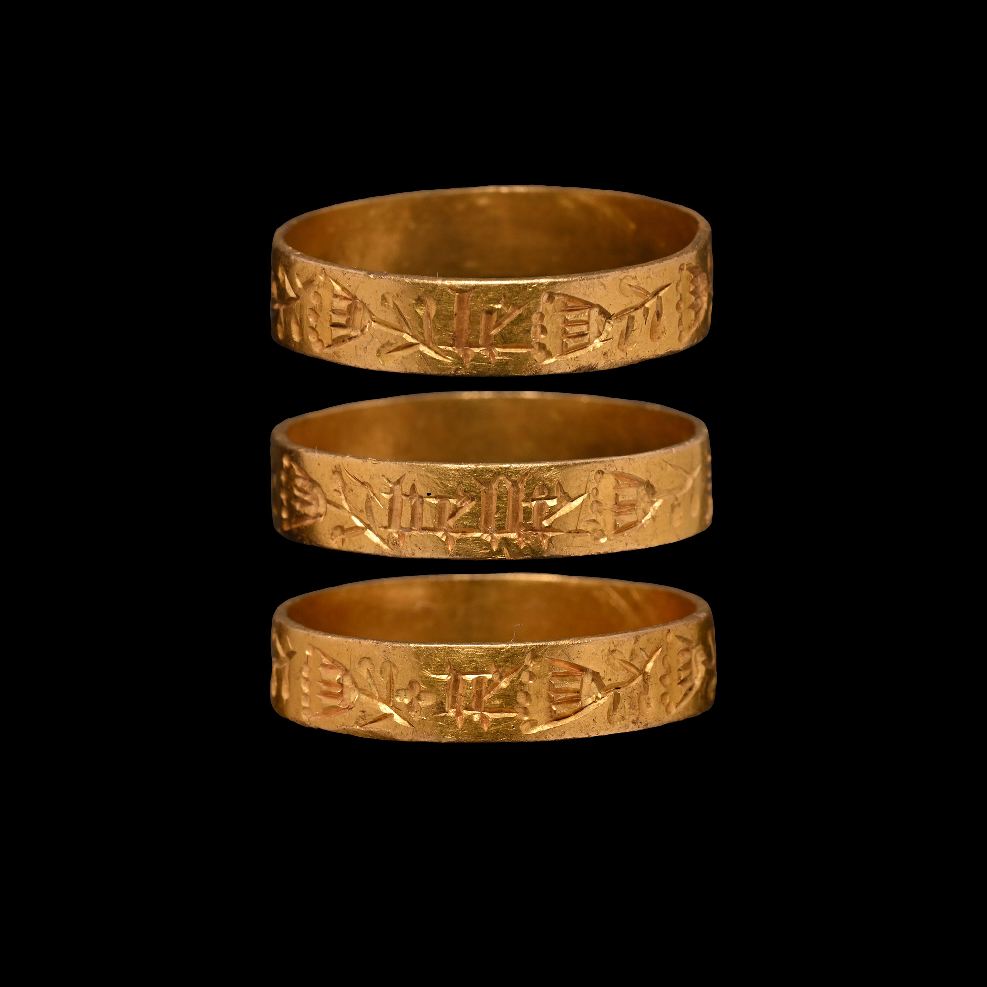'The Witham on the Hill' Medieval Gold 'The Beautiful Game' Posy Ring with Matched Pairs of Flowers