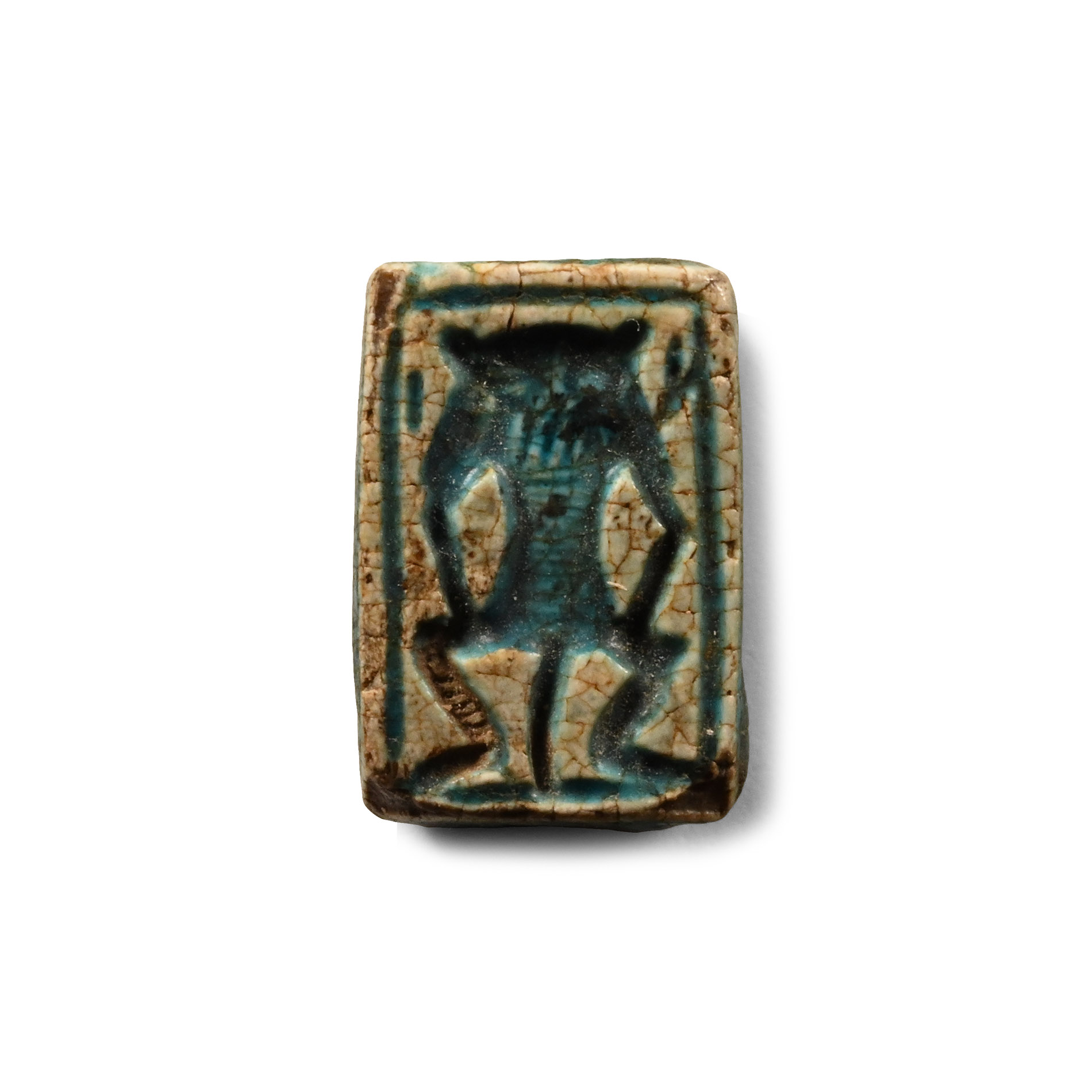 Egyptian Faience Block Bead with Bes and Amun