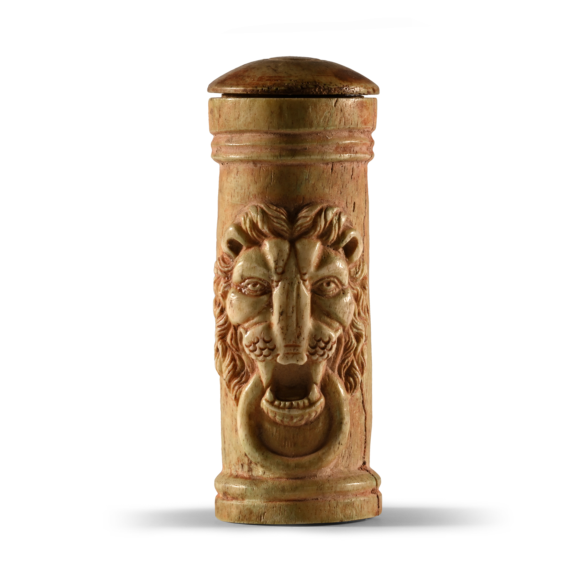 Roman Bone Pyxis with Lion Heads
