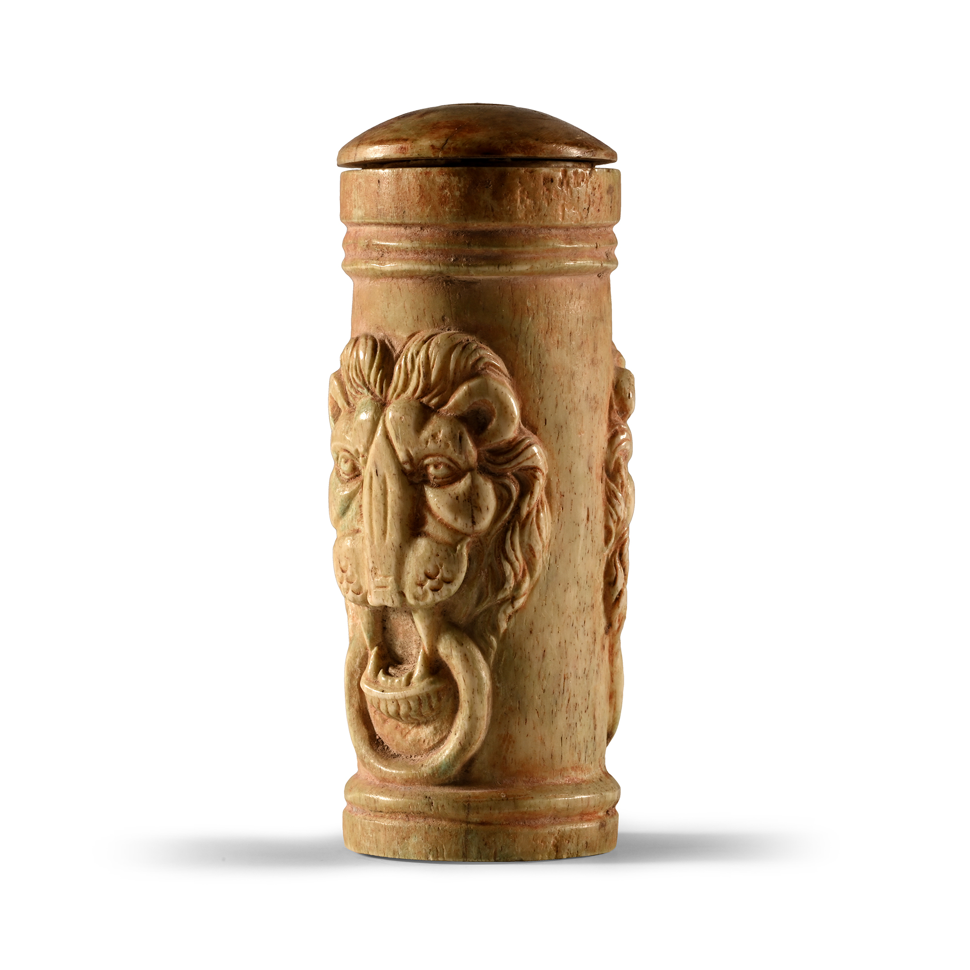 Roman Bone Pyxis with Lion Heads