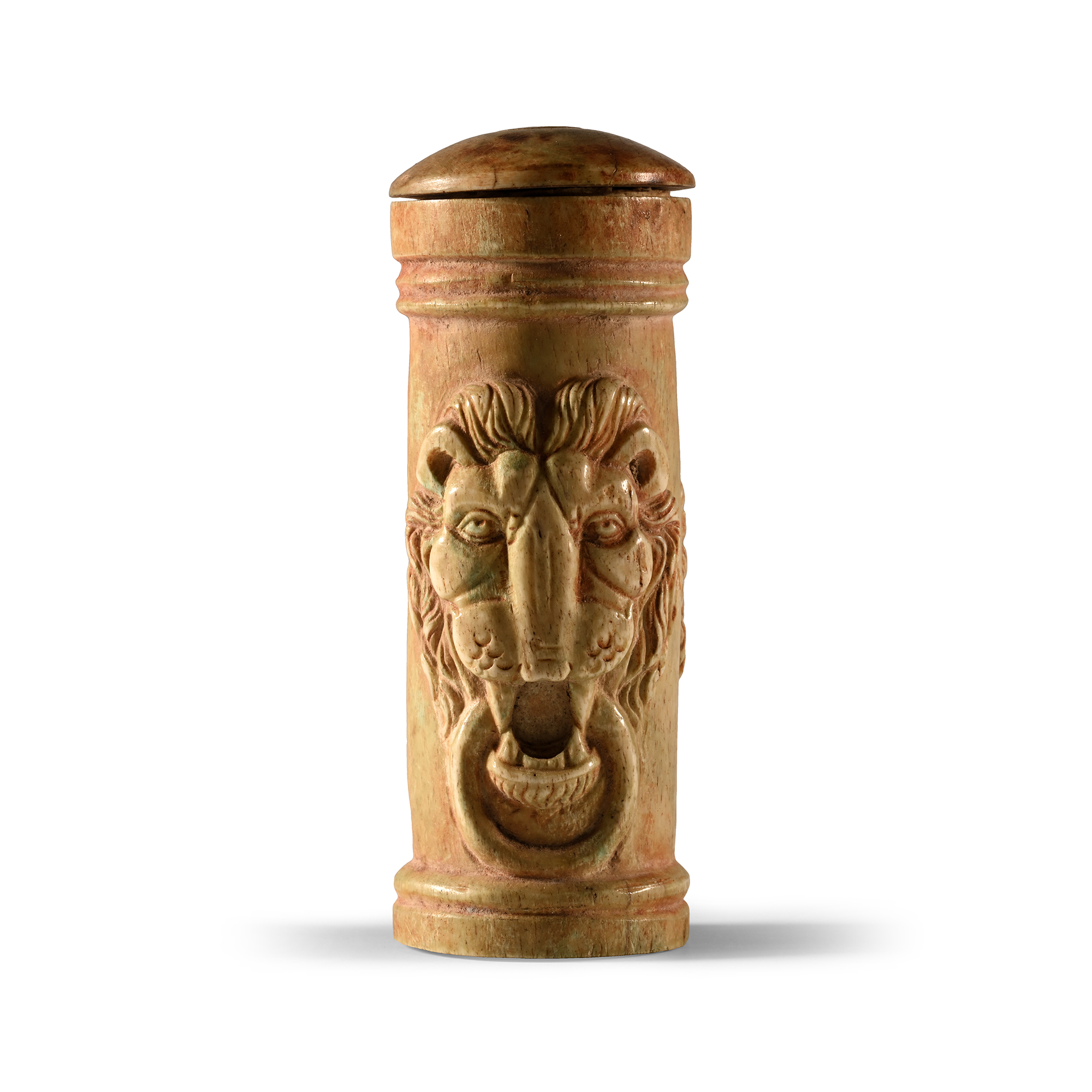 Roman Bone Pyxis with Lion Heads